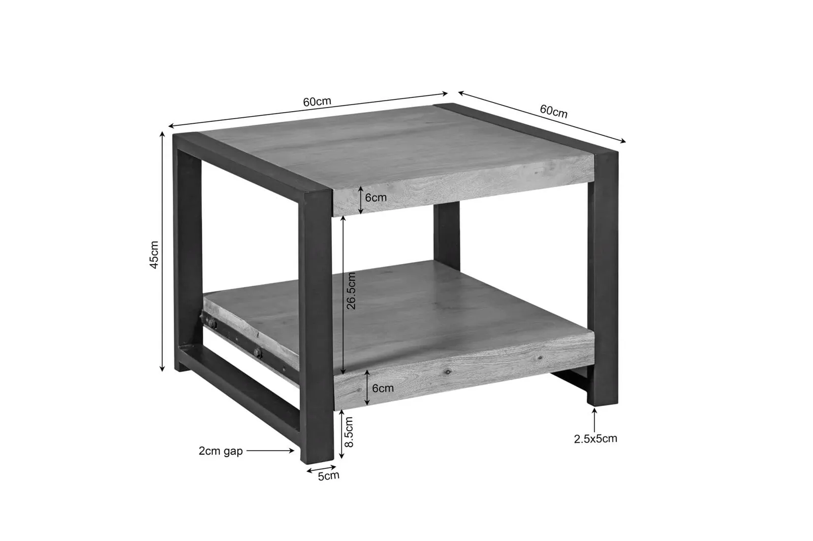 Bijzettafel Britt, 60 cm, met onderblad, op een witte achtergrond met afmetingen weergegeven - Starfurn