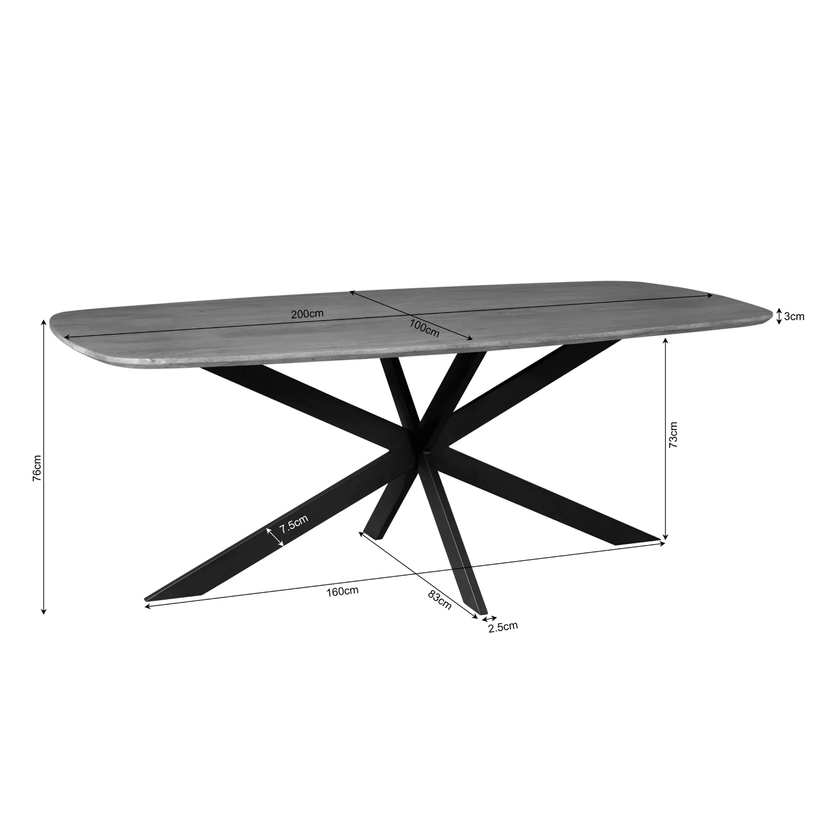 Esstisch Elegance 200 cm Dänisch oval auf weißem Hintergrund, mit den Maßen angezeigt - Starfurn