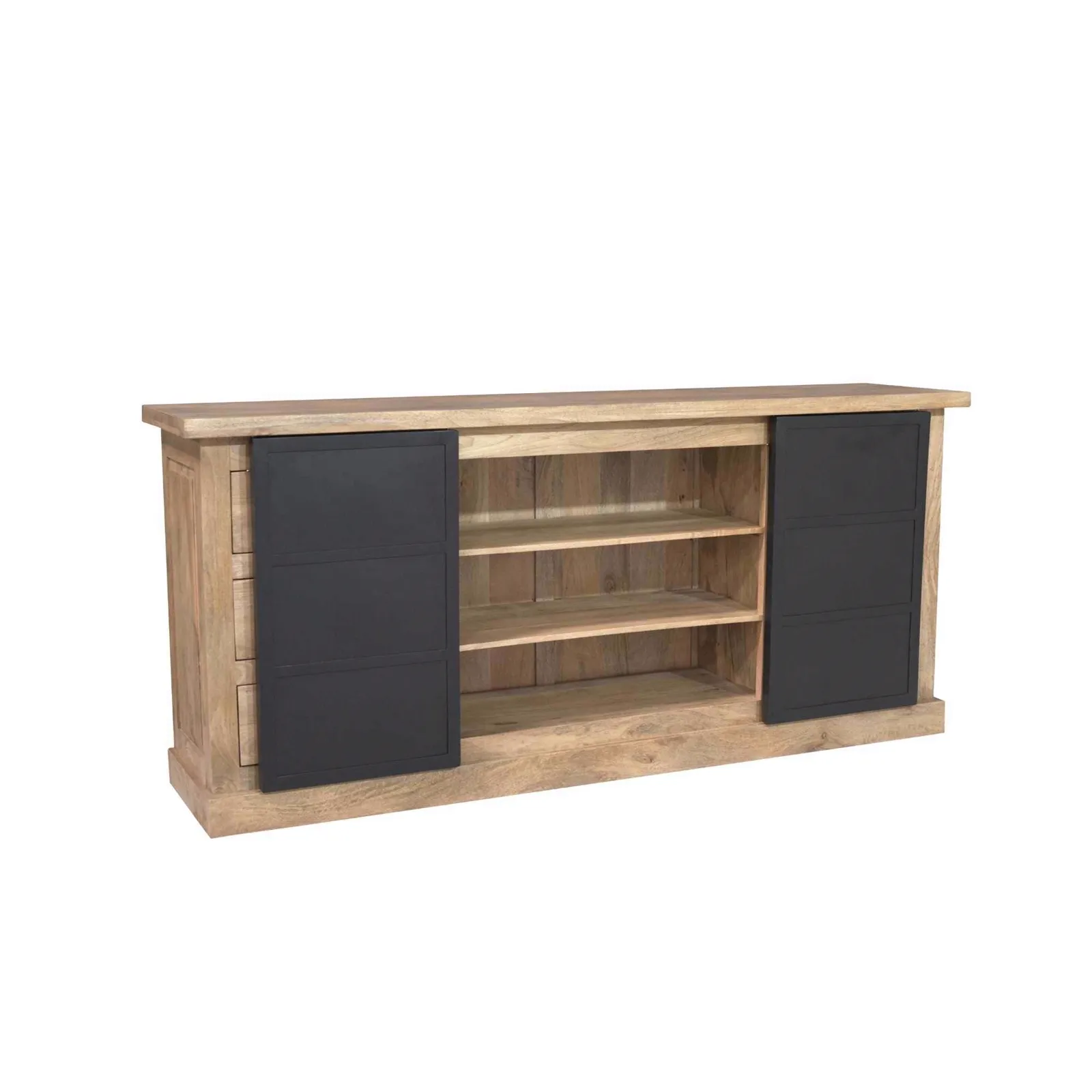 Sideboard Noa Natur Mangoholz 200 cm auf weißem Hintergrund, mit geöffneten Schiebetüren - Starfurn