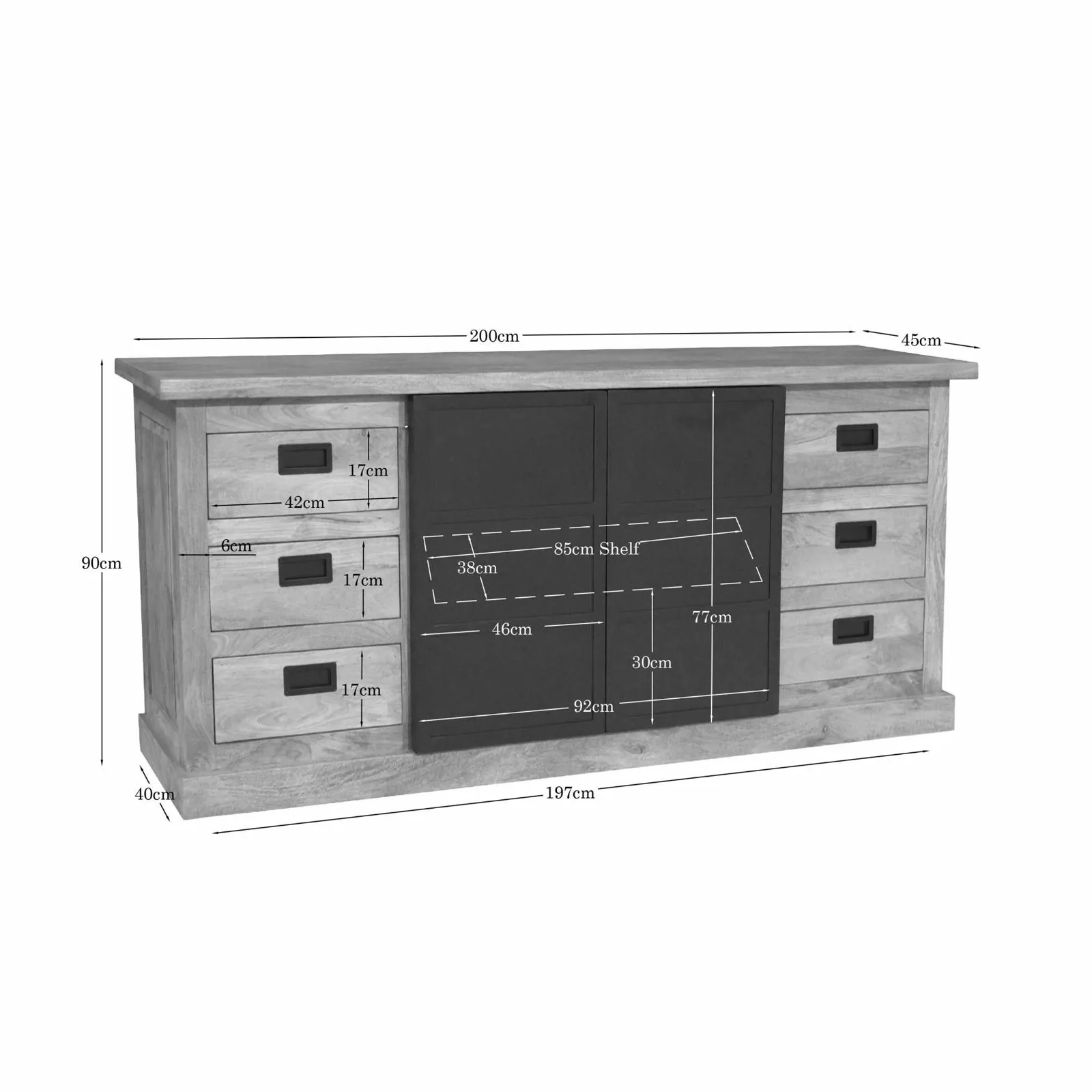 Sideboard Noa Natur Mangoholz 200 cm auf weißem Hintergrund mit allen Maßen - Starfurn