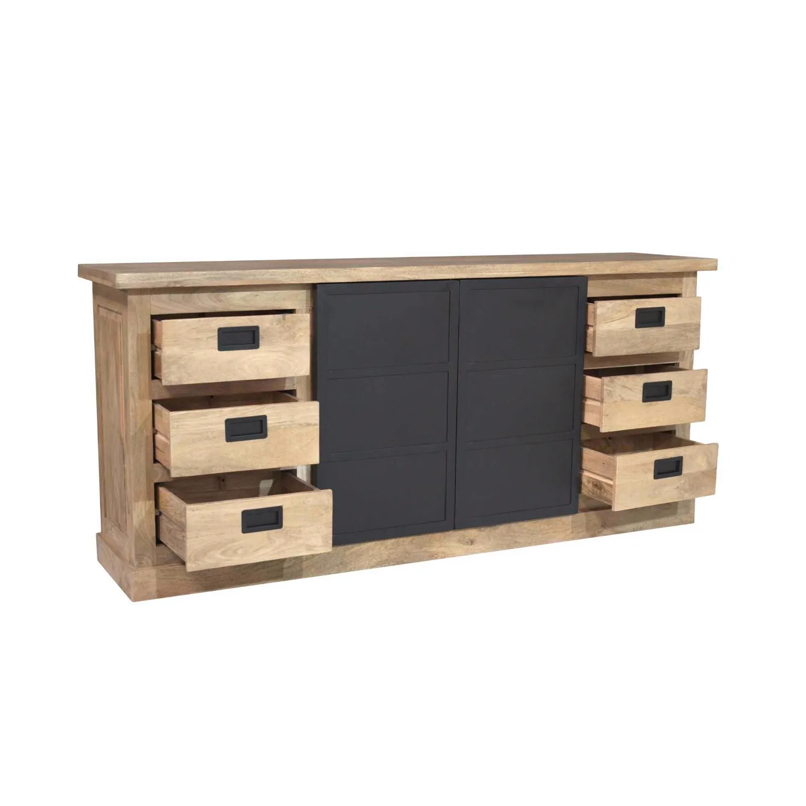 Sideboard Noa Natur Mangoholz 200 cm mit sechs offenen Schubladen und zwei dunklen Schiebetüren auf weißem Hintergrund - Starfurn