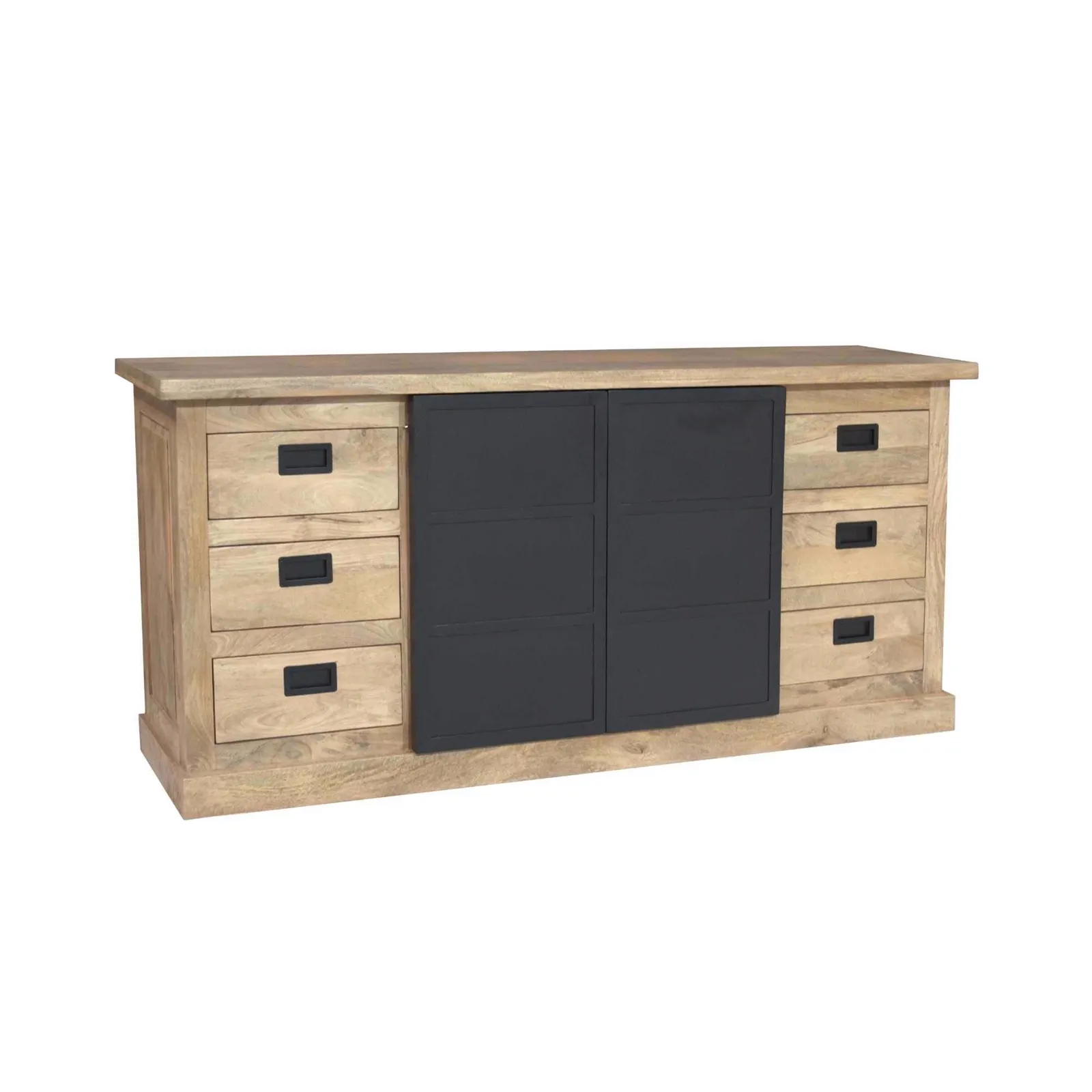 Sideboard Noa Natur Mangoholz 200 cm auf weißem Hintergrund, mit drei Schubladen auf jeder Seite und zwei Schiebetüren in der Mitte - Starfurn