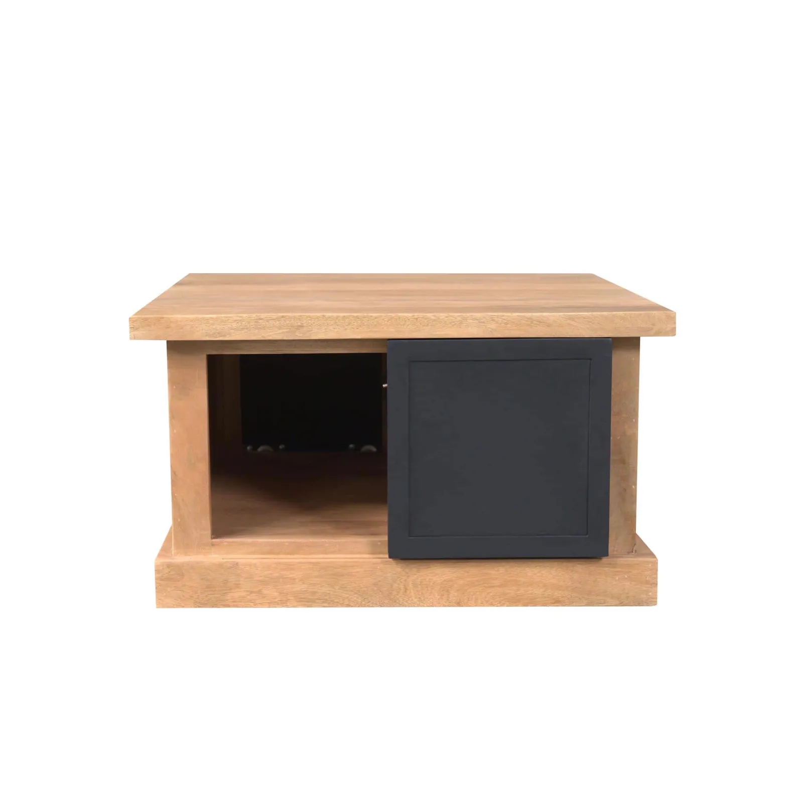 Quadratischer Couchtisch Noa Natur Mangoholz 80 cm mit einer Schiebetür auf weißem Hintergrund - Starfurn