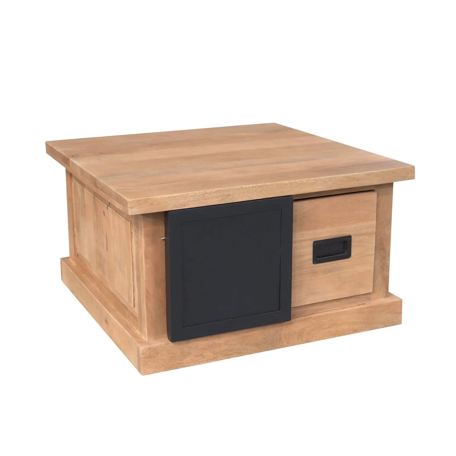Quadratischer Couchtisch Noa Natur Mangoholz 80 cm auf weißem Hintergrund, schräg von vorne fotografiert - Starfurn