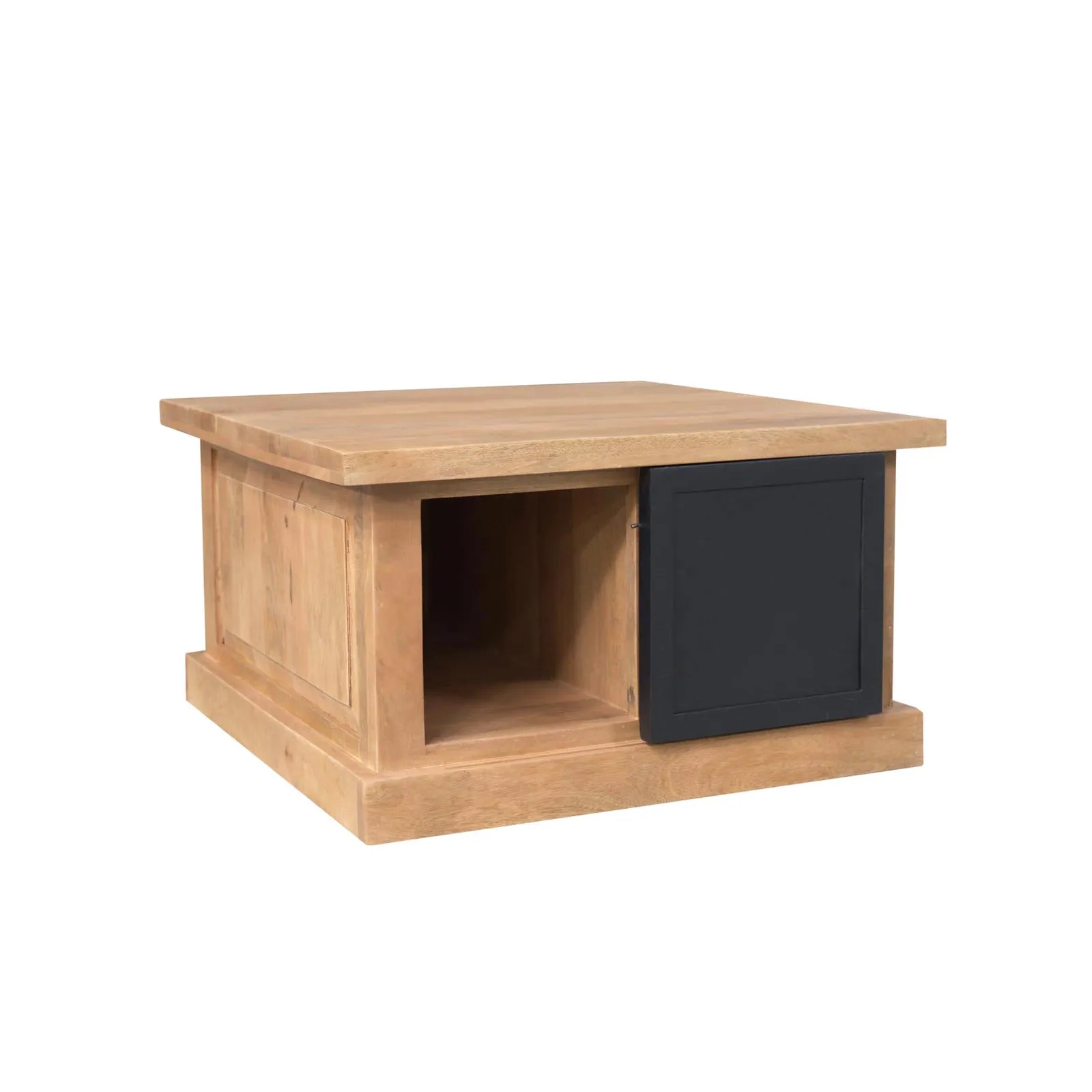 Quadratischer Couchtisch Noa Natur Mangoholz 80 cm mit einem offenen Fach und einer dunkelgrauen Schiebetür auf weißem Hintergrund - Starfurn