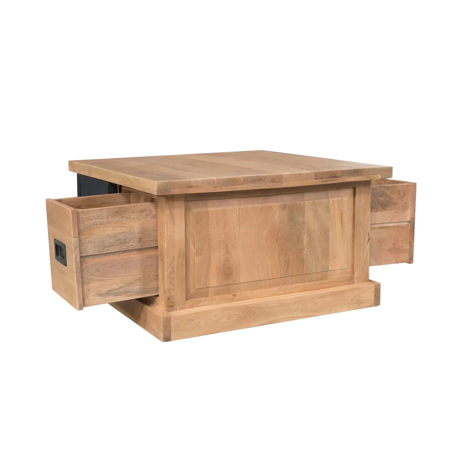 Quadratischer Couchtisch Noa Natur Mangoholz 80 cm mit zwei ausgezogenen Schubladen auf weißem Hintergrund - Starfurn