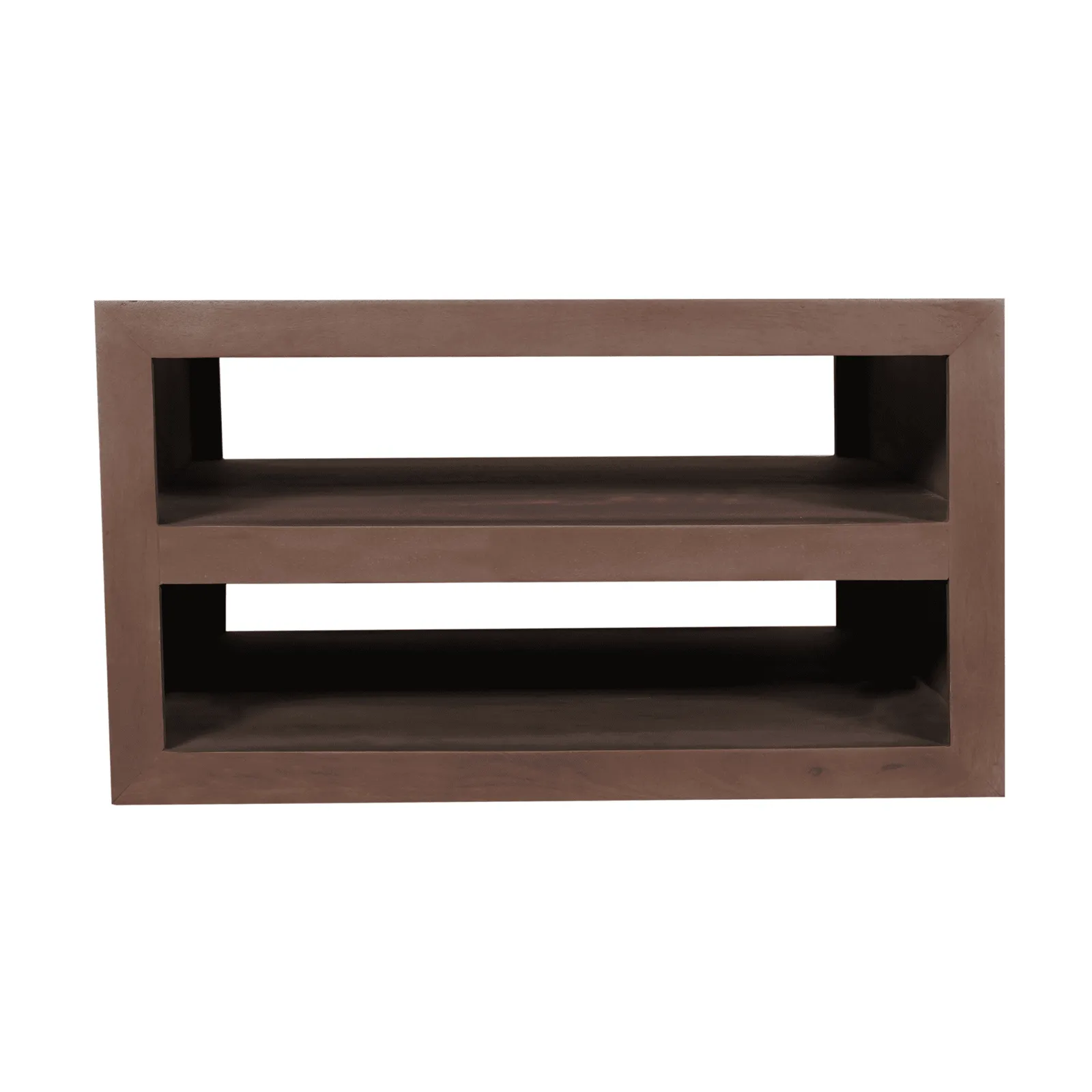 Salontafel Brussel Walnut, een rechthoekige open kast met twee planken op een witte achtergrond - Starfurn