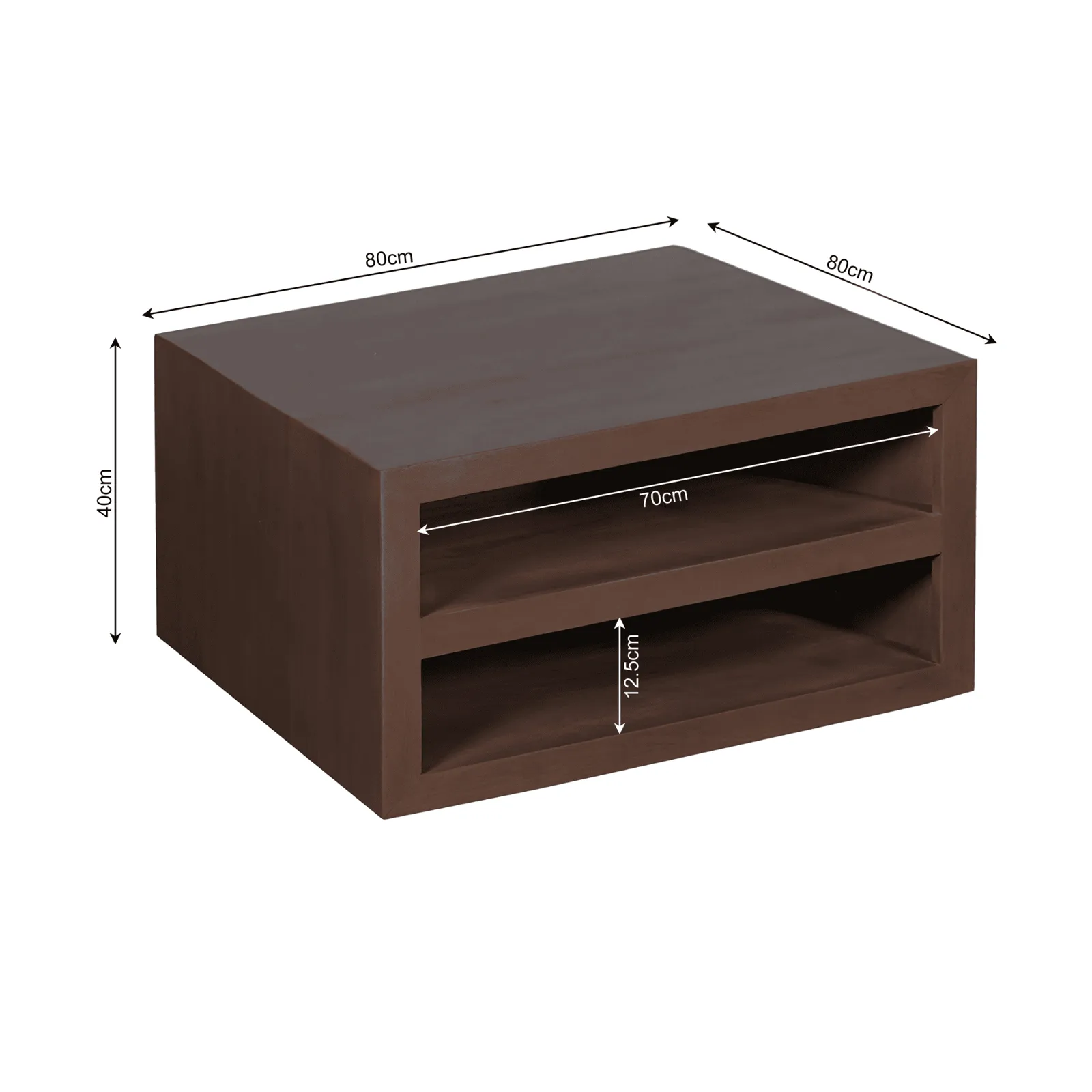 Couchtisch Brussel Walnut auf weißem Hintergrund, mit Maßen von 80cm Breite, 40cm Höhe und 80cm Tiefe, und Innenmaßen von 12.5cm Höhe und 70cm Breite - Starfurn