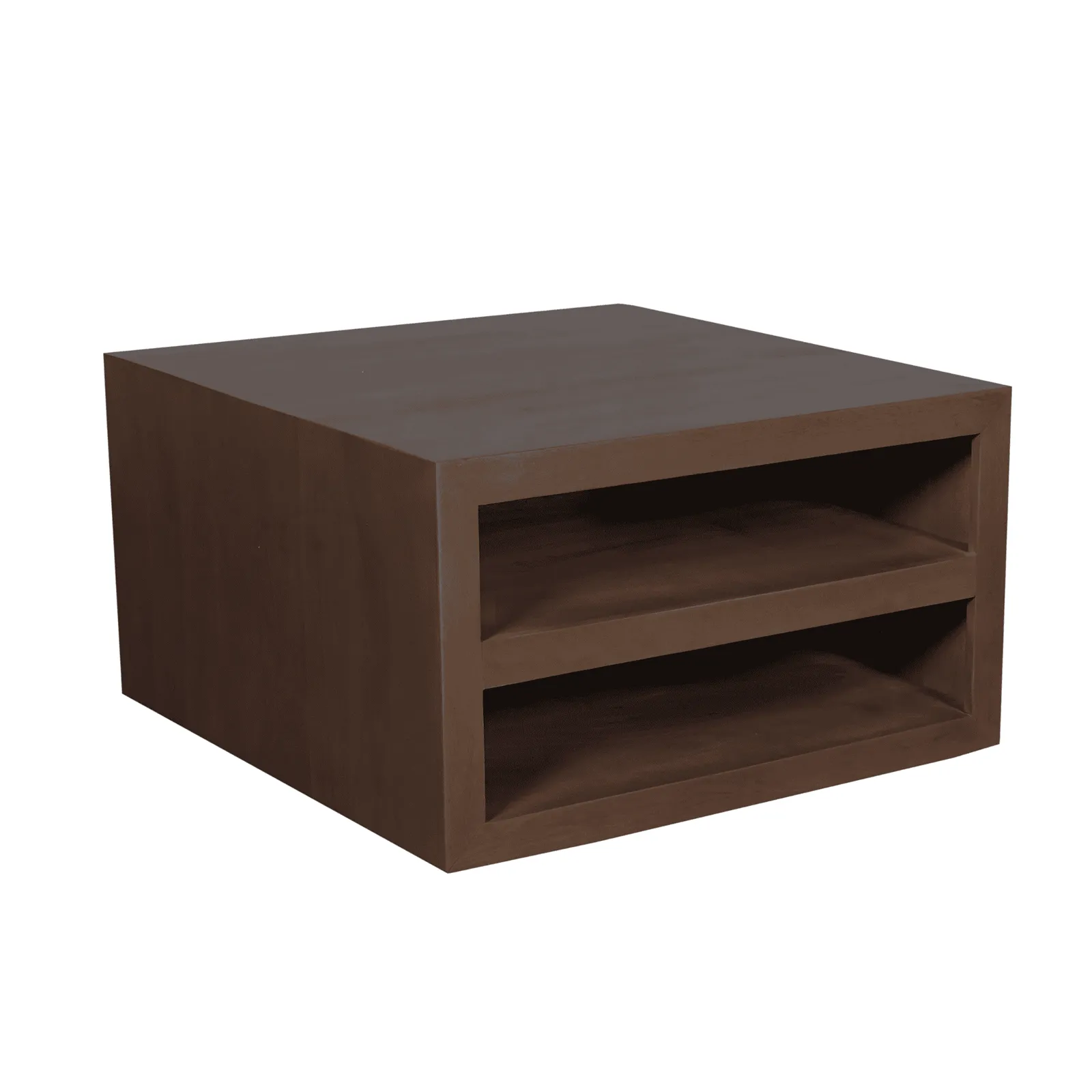 Couchtisch Brussel Walnut mit zwei offenen Fächern, auf weißem Hintergrund fotografiert - Starfurn