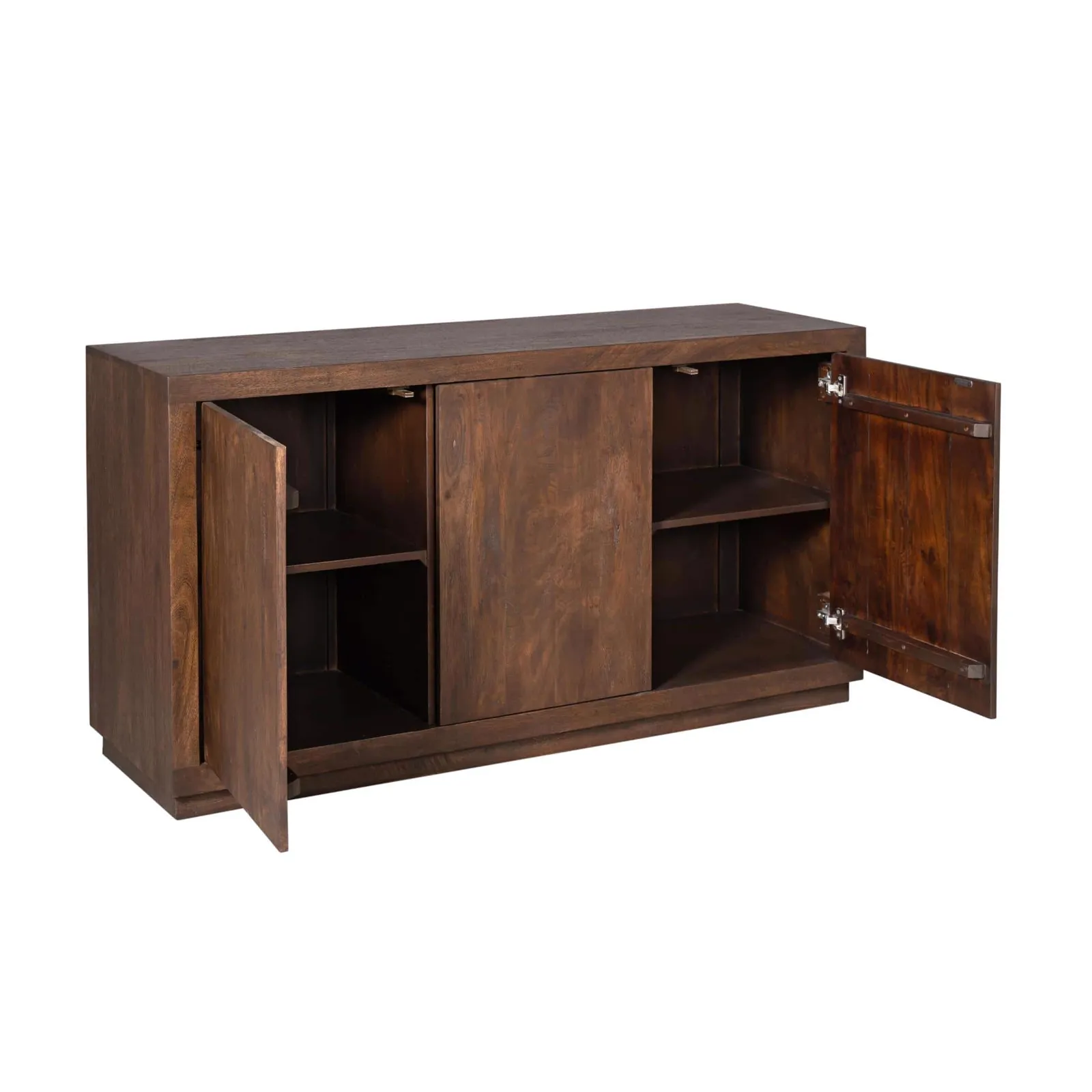 Sideboard Brussel Brown 150 cm auf weißem Hintergrund, mit geöffneter linker und rechter Tür und geschlossener mittlerer Tür - Starfurn