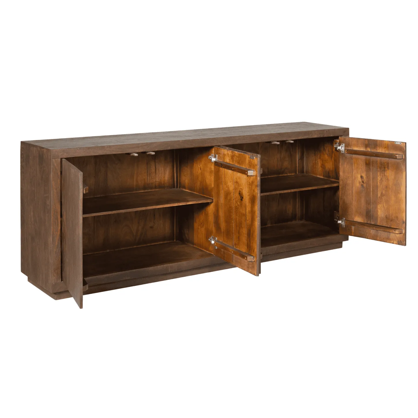 Sideboard Brüssel Braun, 200 cm, mit offenen Türen auf weißem Hintergrund, aus schräger Perspektive - Starfurn