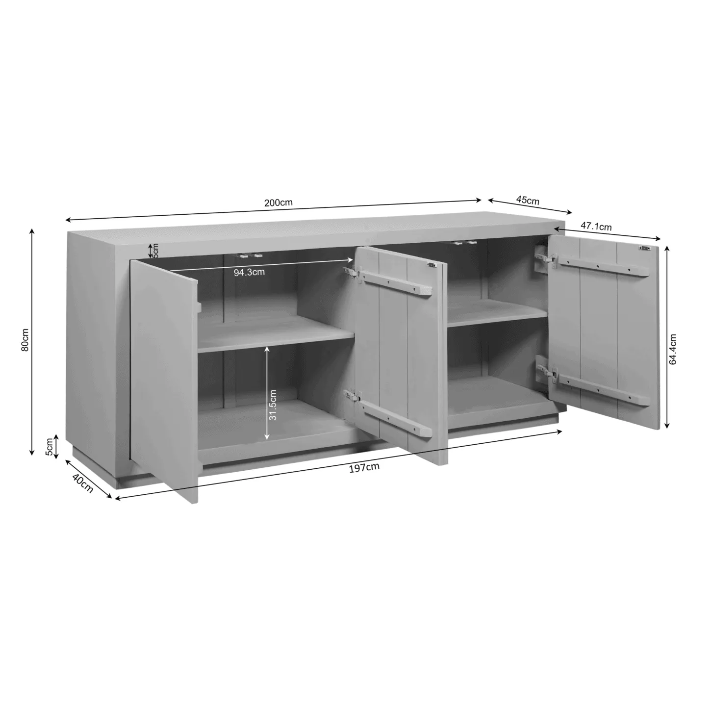 Sideboard Brüssel Braun 200 cm mit geöffneten Türen und sichtbaren Einlegeböden, auf weißem Hintergrund - Starfurn