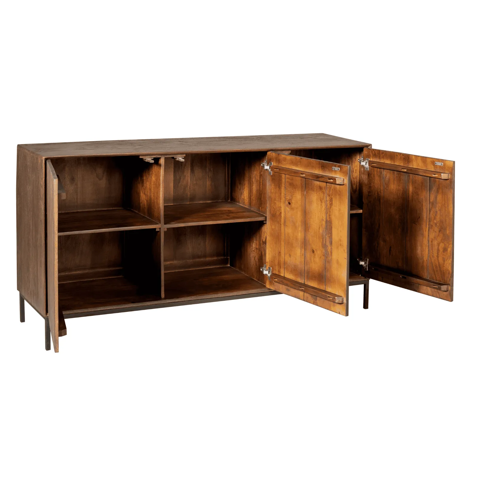 Sideboard Madison Braun Mangoholz 165 cm mit geöffneten Türen auf weißem Hintergrund - Starfurn