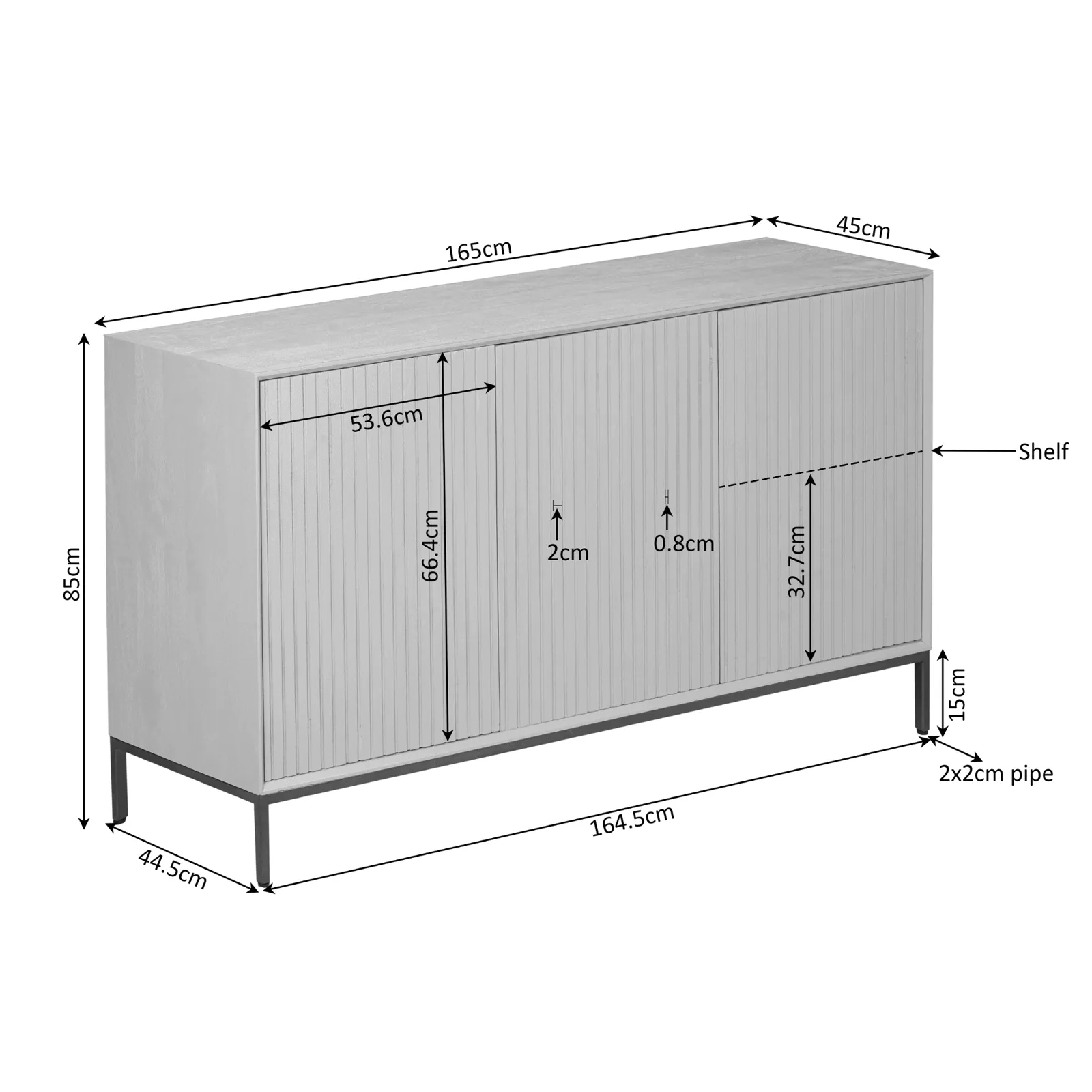 Sideboard Madison Braun Mangoholz 165 cm auf weißem Hintergrund, mit allen Maßen deutlich dargestellt - Starfurn