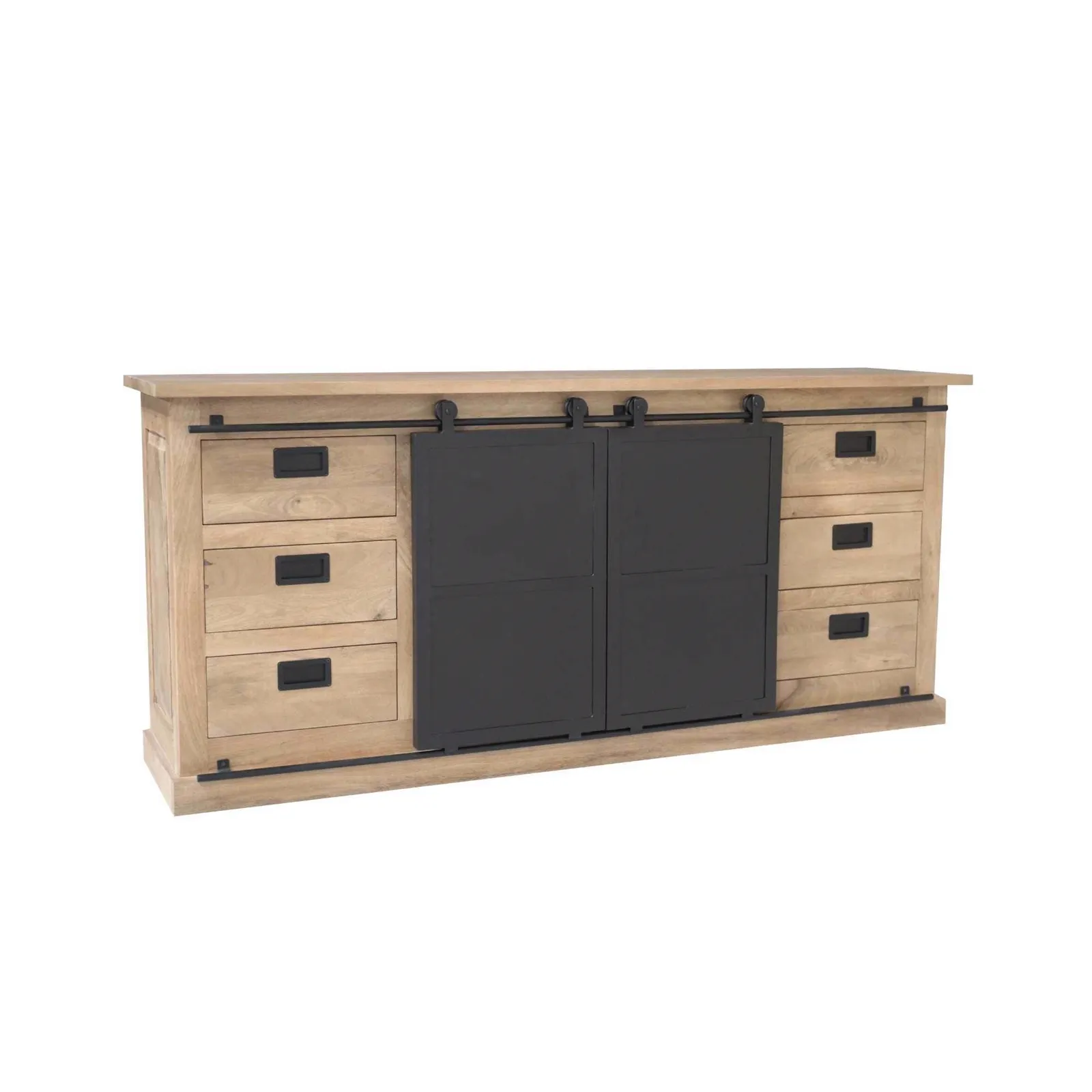 Sideboard Fresno Natur Mangoholz 200 cm auf weißem Hintergrund, schräg von vorne fotografiert - Starfurn