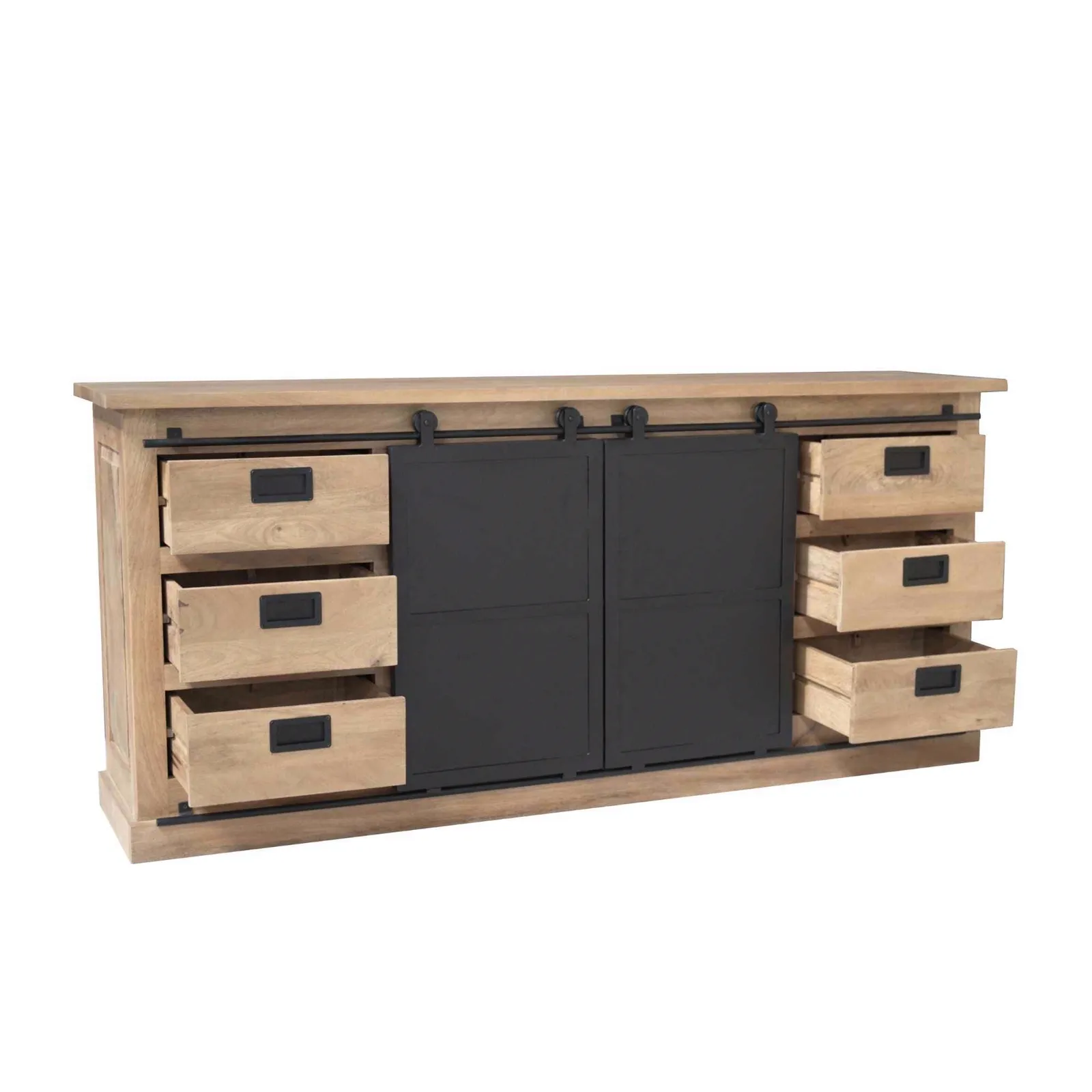 Sideboard Fresno Natur Mangoholz 200 cm mit offenen Schubladen und Schiebetüren vor weißem Hintergrund - Starfurn