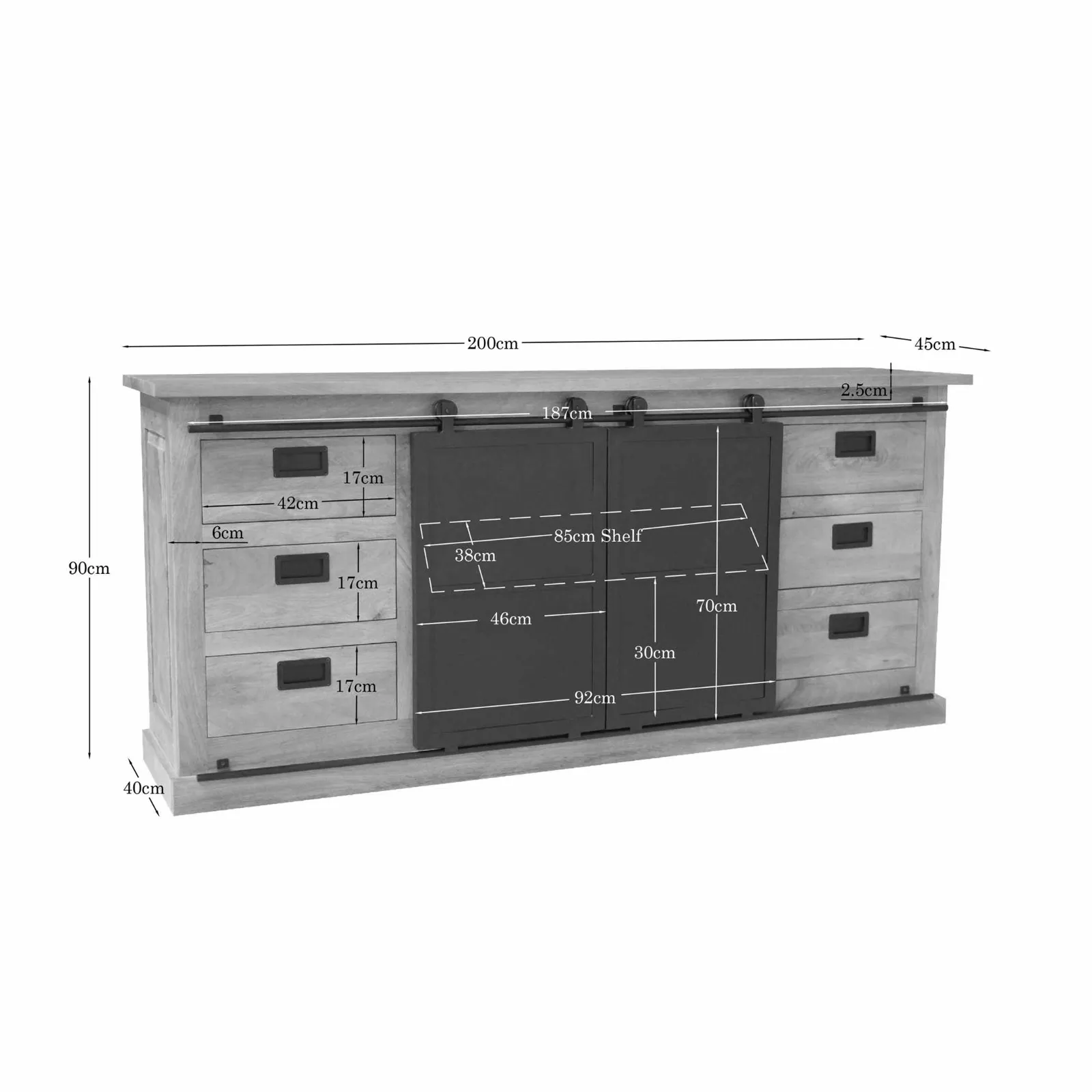Sideboard Fresno Natur Mangoholz 200 cm mit Maßen auf weißem Hintergrund, aus schräger Perspektive - Starfurn