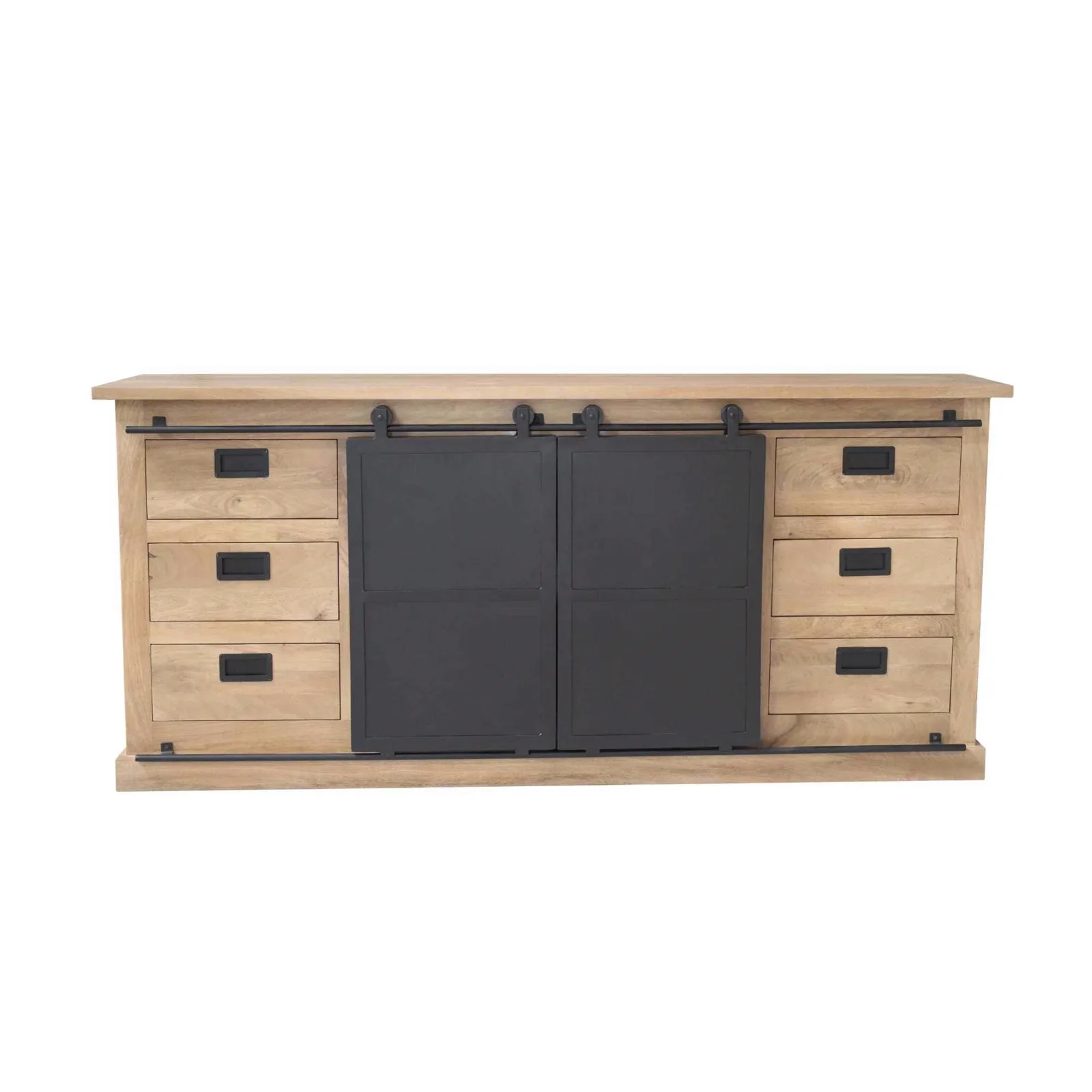 Sideboard Fresno Natur Mangoholz 200 cm auf weißem Hintergrund, frontal aufgenommen - Starfurn