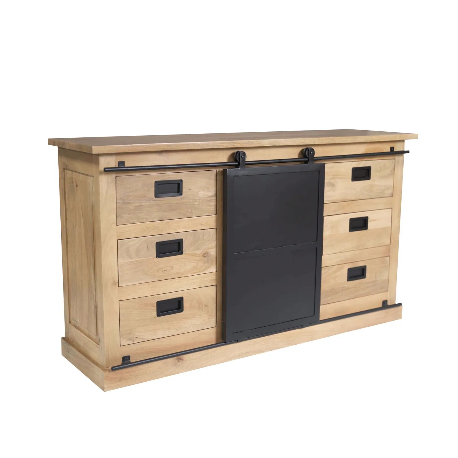 Sideboard Fresno Natur Mangoholz 160 cm auf weißem Hintergrund, schräg von vorne fotografiert - Starfurn