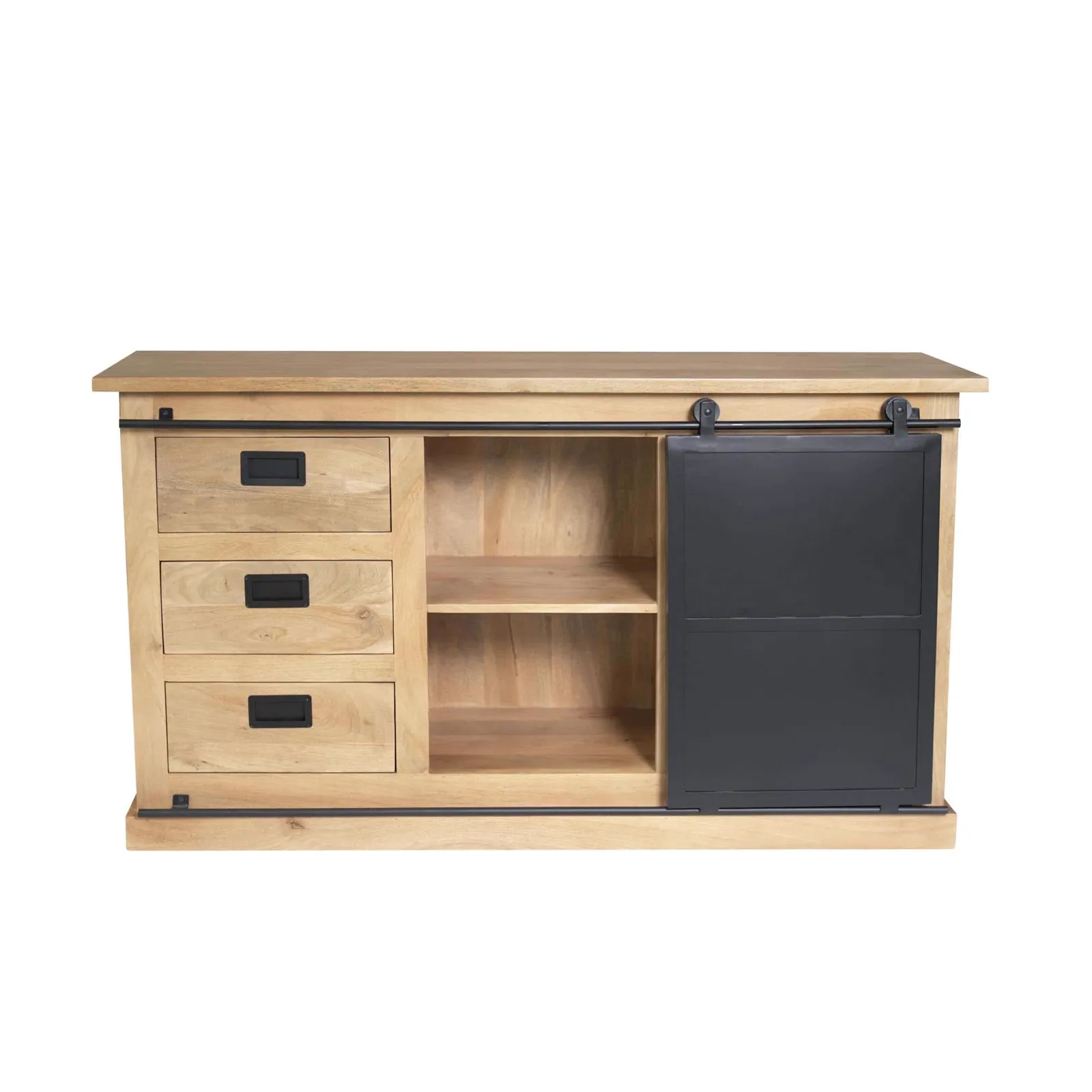 Sideboard Fresno Natur Mangoholz 160 cm mit drei Schubladen und einer Schiebetür vor weißem Hintergrund - Starfurn