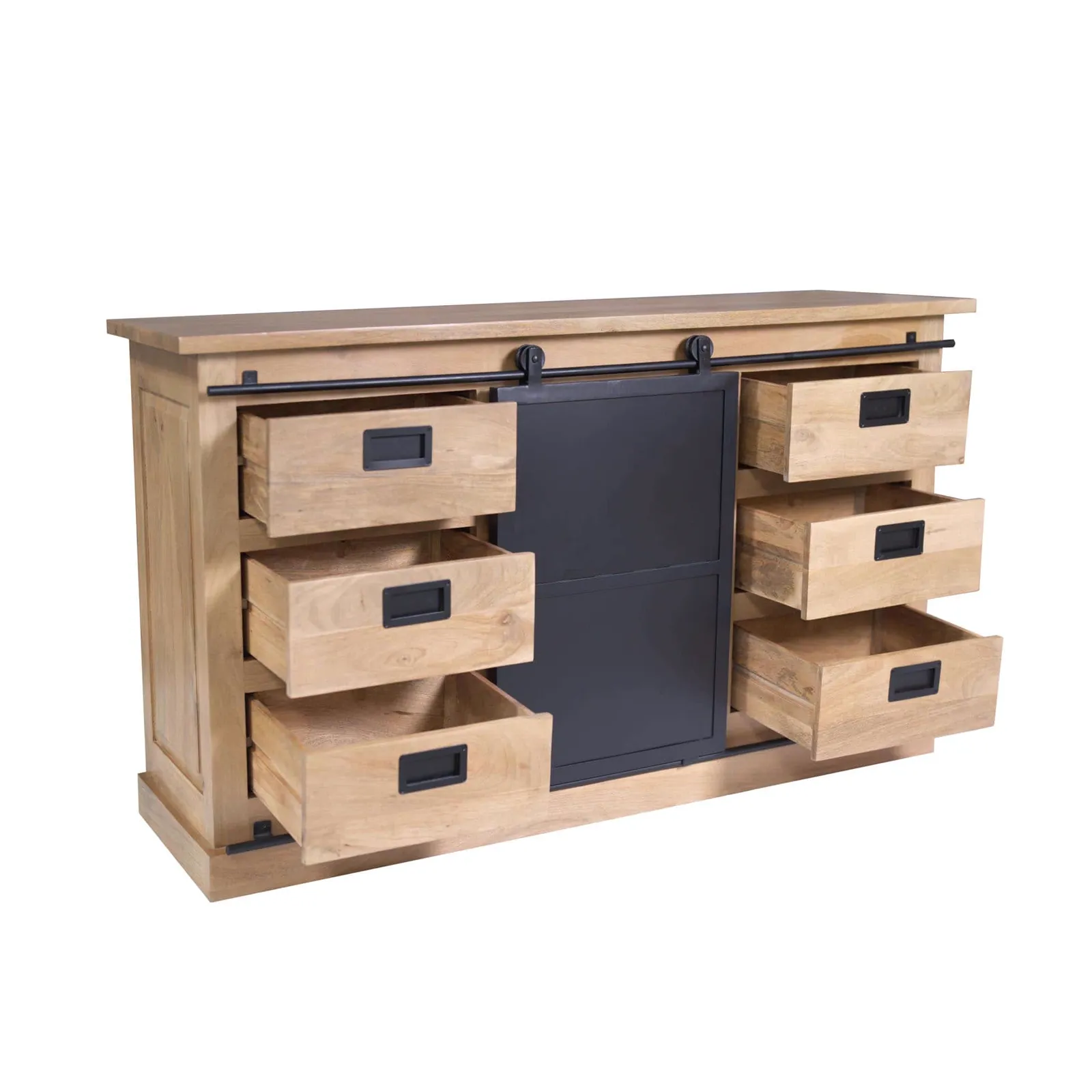 Sideboard Fresno Natur Mangoholz 160 cm mit offenen Schubladen und Schiebetür auf weißem Hintergrund - Starfurn