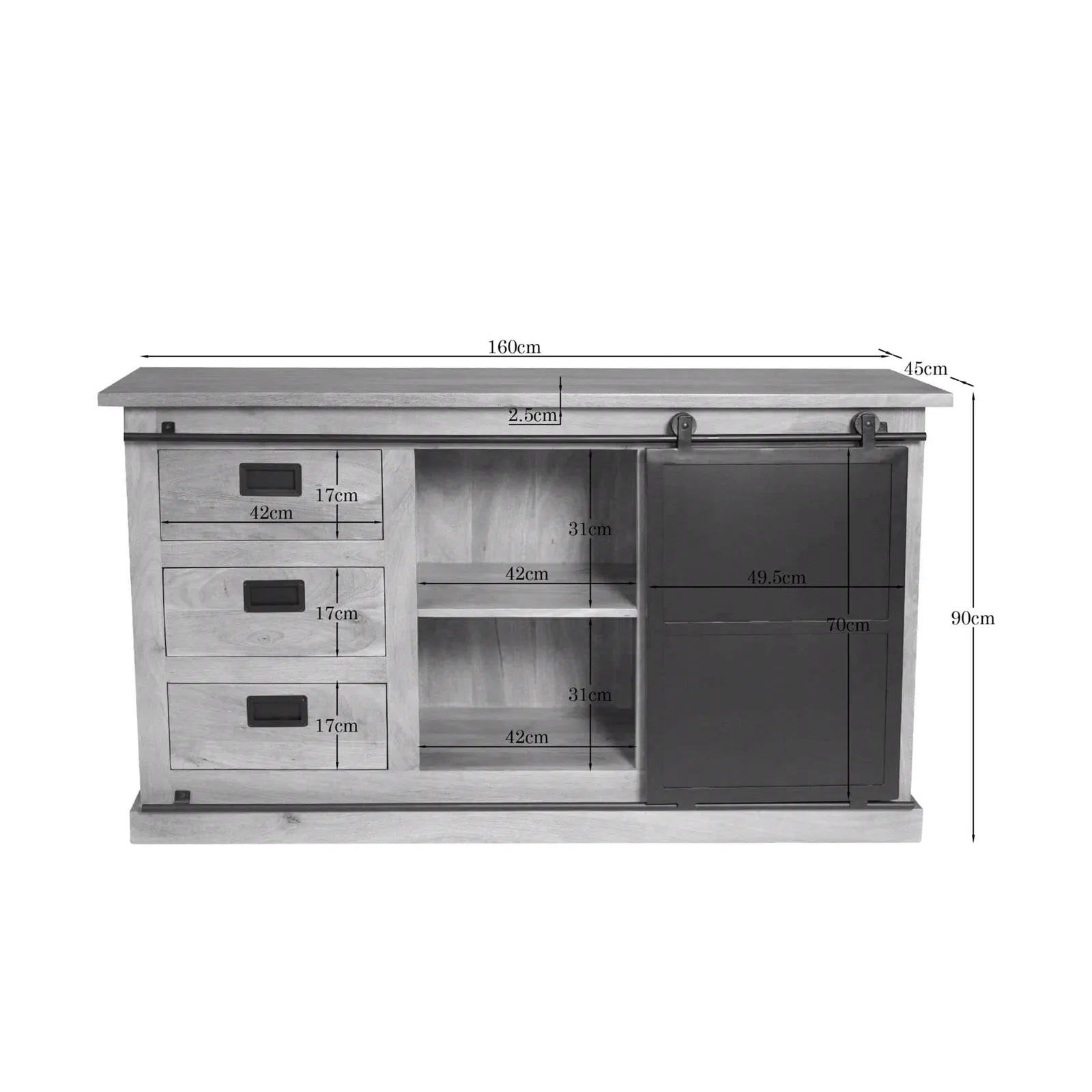 Sideboard Fresno Natur Mangoholz 160 cm mit Maßen auf weißem Hintergrund - Starfurn