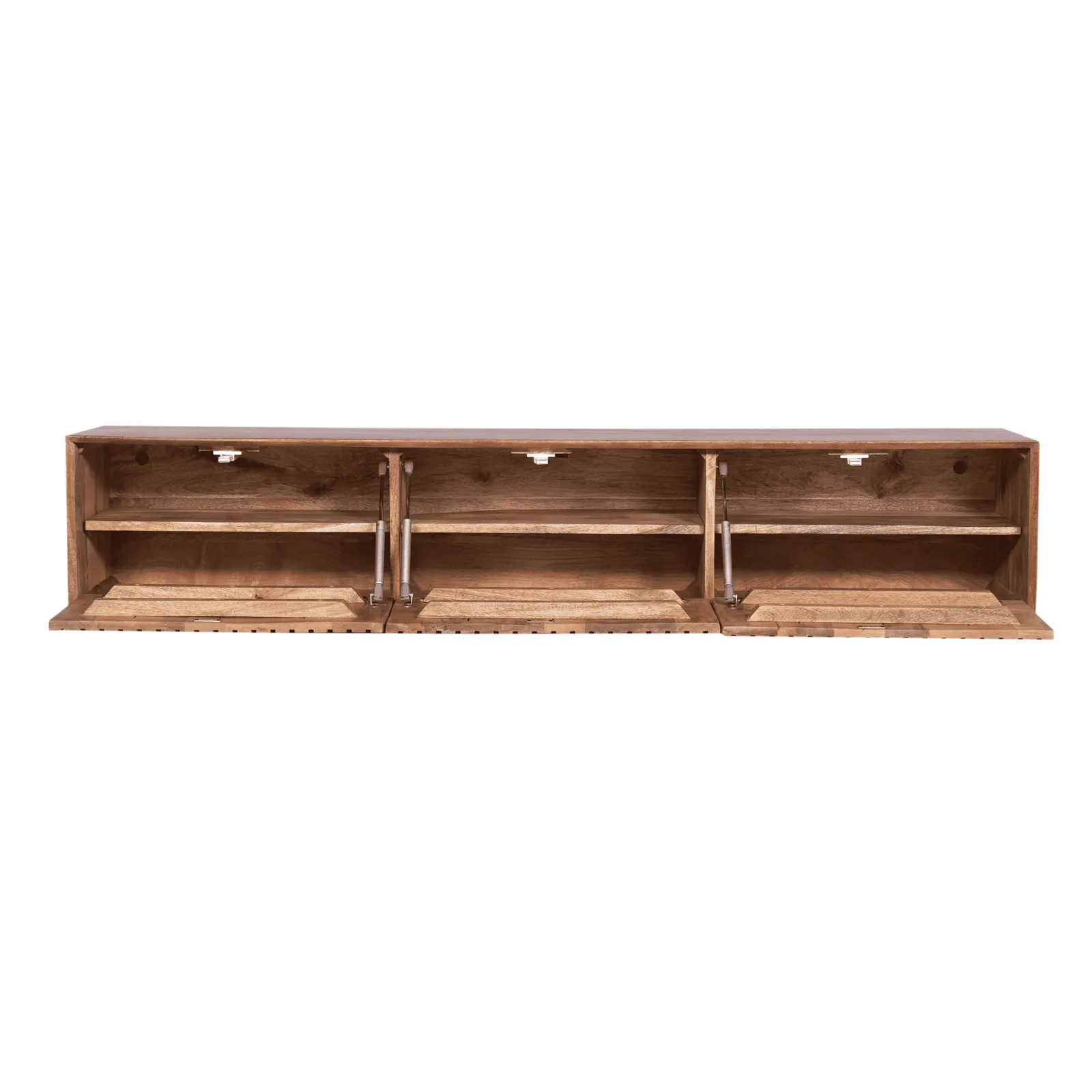 Schwebendes TV-Möbel Madison Natural 160 cm, geöffnet mit drei Fächern und Regalböden, auf weißem Hintergrund fotografiert - Starfurn