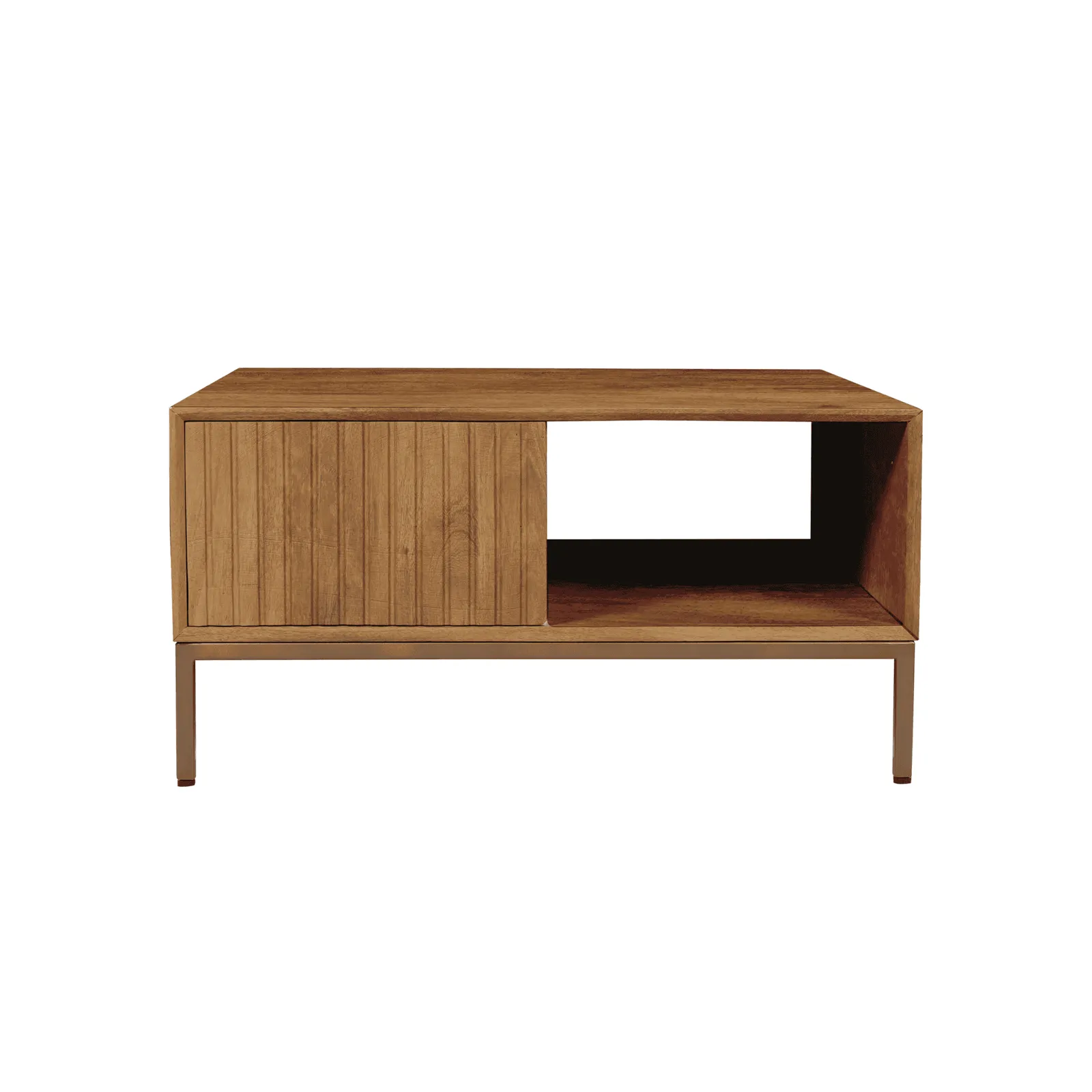 Couchtisch Madison Natural, 80 cm, quadratisch, mit offenem Fach und Schiebetür auf weißem Hintergrund - Starfurn