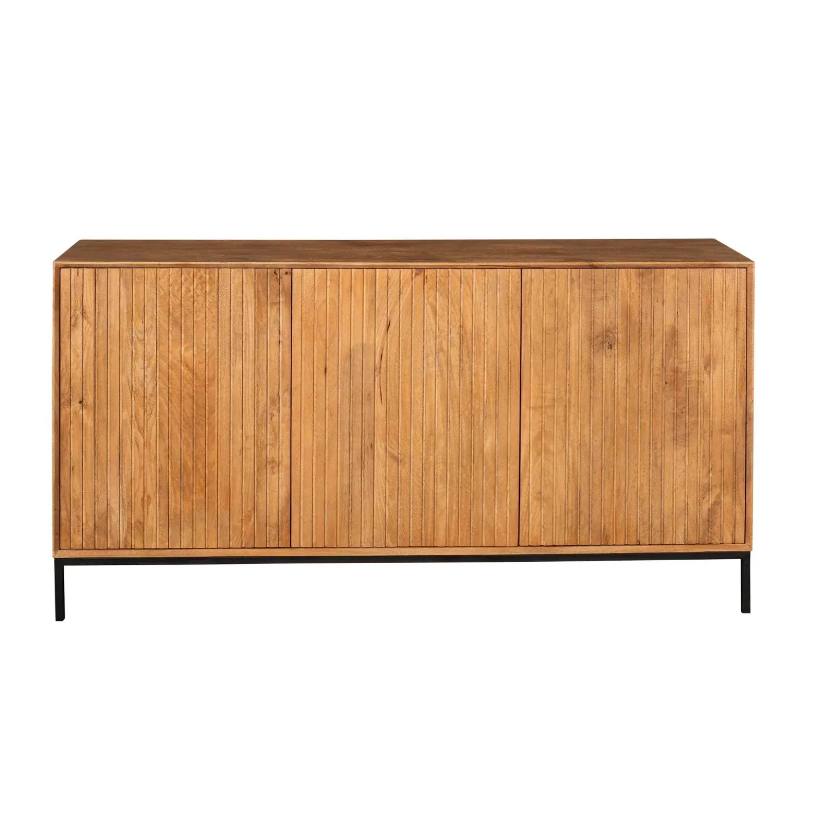Sideboard Madison Natur 165 cm auf weißem Hintergrund, mit drei Türen und einem schwarzen Metallgestell - Starfurn