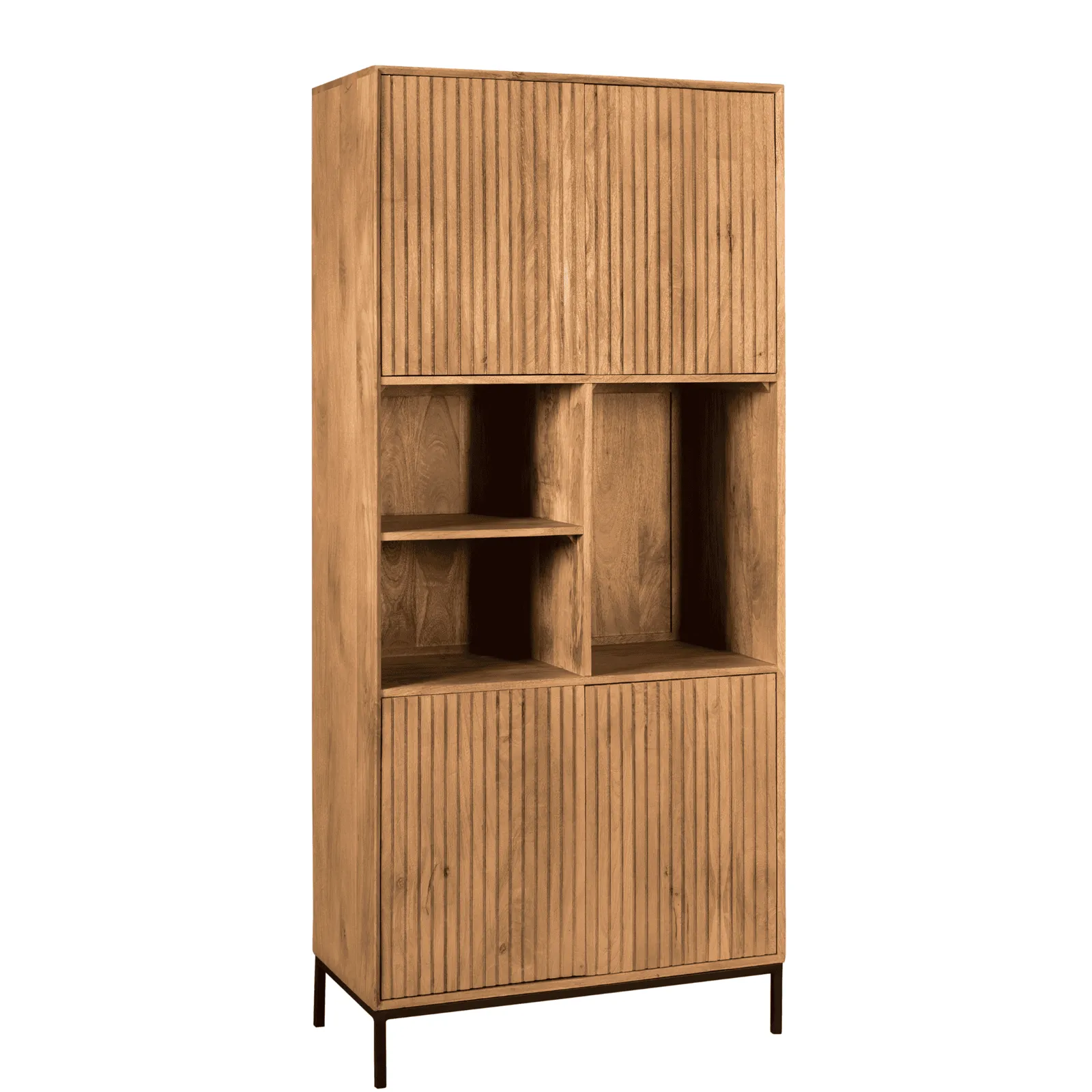 Regalschrank Madison Natural, 90 cm, mit zwei Türen und offenen Fächern, auf weißem Hintergrund - Starfurn