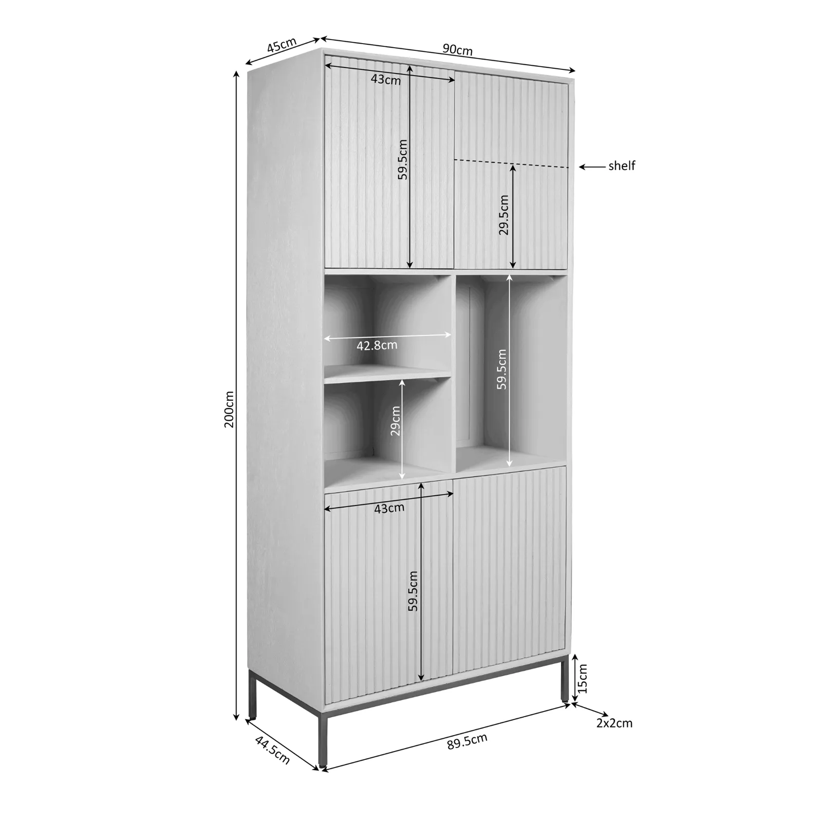 Regalschrank Madison Natural, 90 cm, mit offenen Fächern und Türen, auf weißem Hintergrund - Starfurn