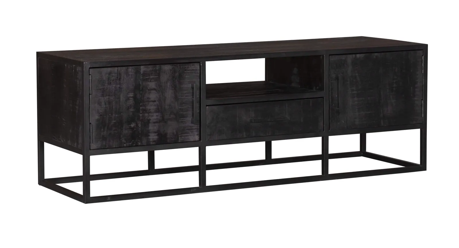 TV Möbel Denver Black 145 cm auf weißem Hintergrund, schräg von vorne aufgenommen - Starfurn