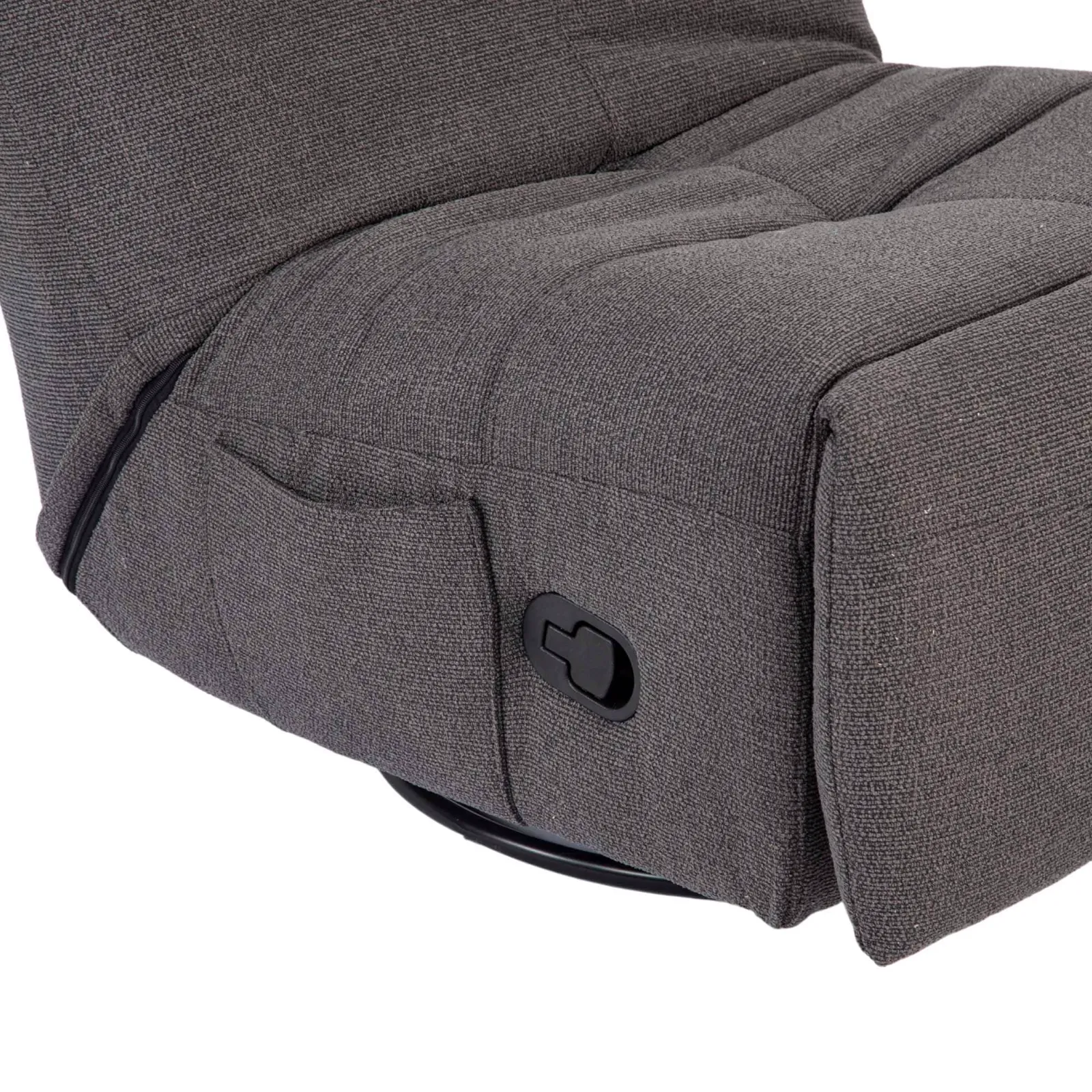 Detail des Relaxsessels Lazy in Dark Grey, mit der Stofftextur und dem Bedienhebel sichtbar - Starfurn
