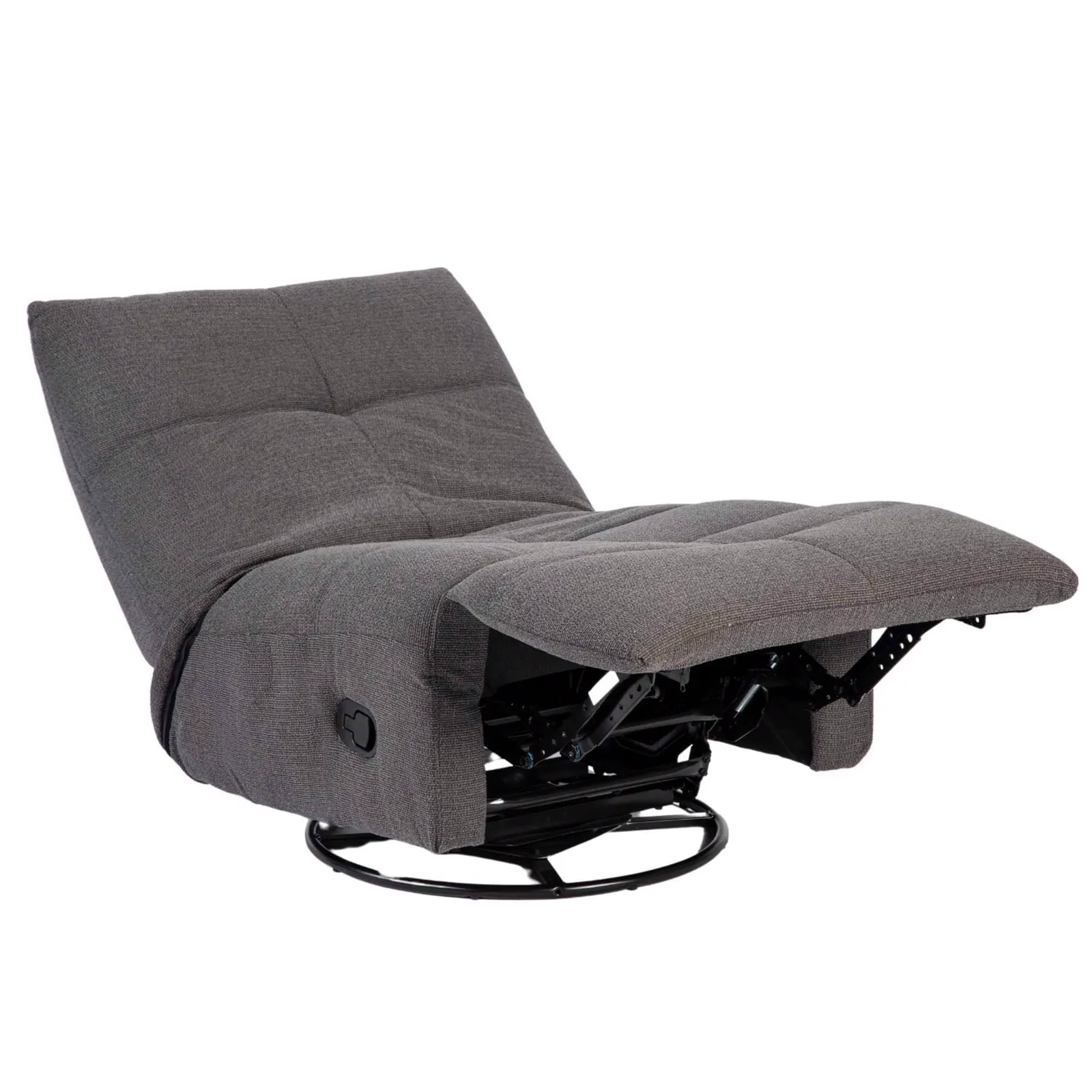 Der Relaxsessel Lazy in Dark Grey, von der Seite auf weißem Hintergrund gesehen, mit hochgeklappter Rückenlehne und ausgefahrenem Fußteil - Starfurn