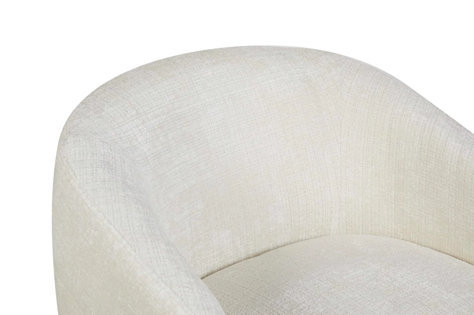 Detail des Drehbarer Sessel Yara Off White, mit der Textur des cremefarbenen Stoffes und der geschwungenen Rückenlehne - Starfurn