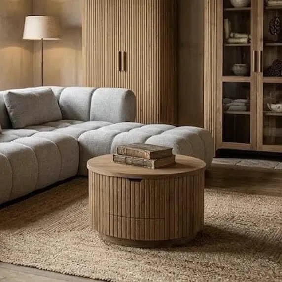 Der runde Couchtisch Bailar in einem stimmungsvollen Wohnzimmer mit grauem Sofa und Teppich - World of Brosi
