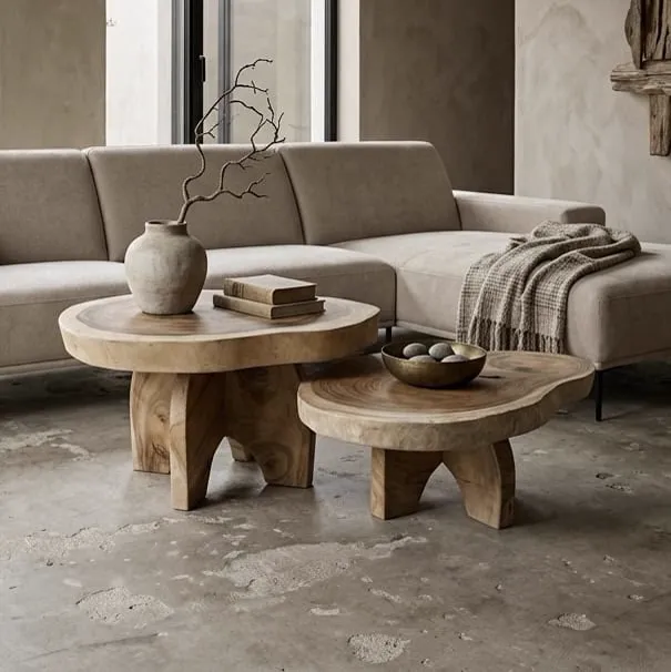 Couchtisch-Set aus massivem Suarholz | Organische Tischplatte 8 cm dick