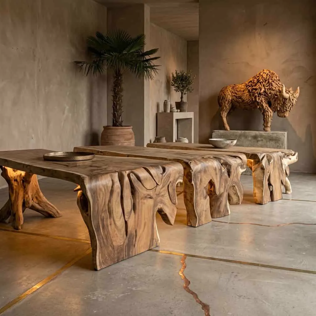Wasserfall Baumstammtisch 275cm aus Suarholz in einem geräumigen, stimmungsvollen Ambiente mit Holzskulptur - World of Brosi