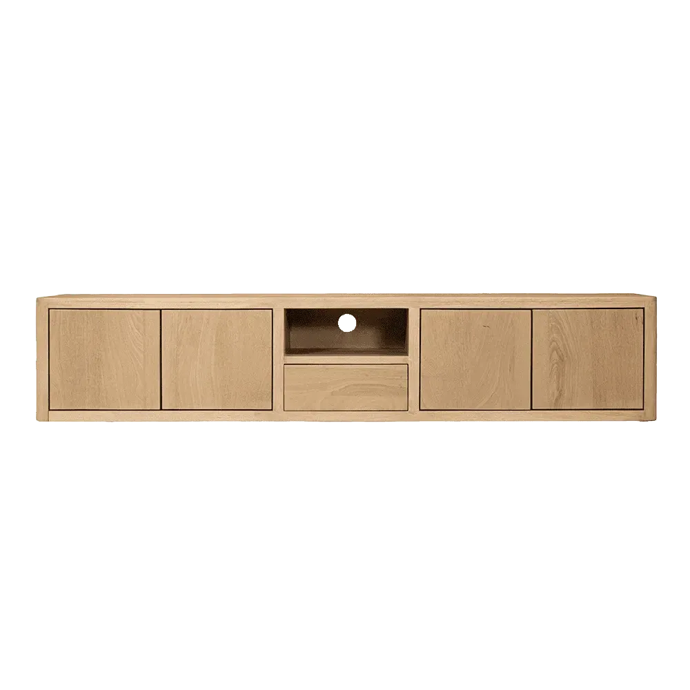 Das Tenna TV-Möbel naturel 200 cm, ein langer Holzschrank mit zwei offenen Fächern und einer Schublade in der Mitte - Tower Living