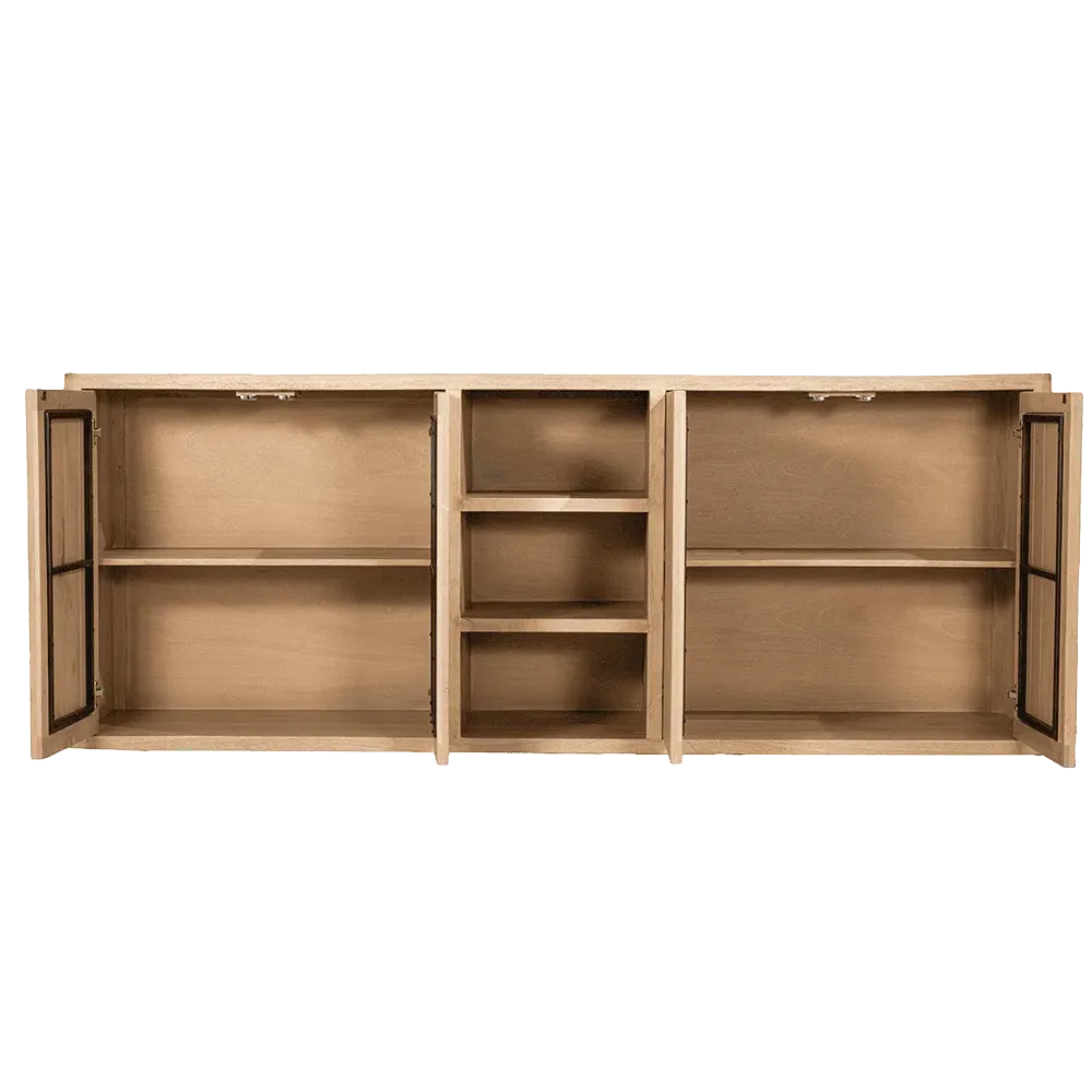 Das Tenna Sideboard Natur 220 cm mit geöffneten Türen und Blick auf die Regalböden, in einem Studio fotografiert - Tower Living