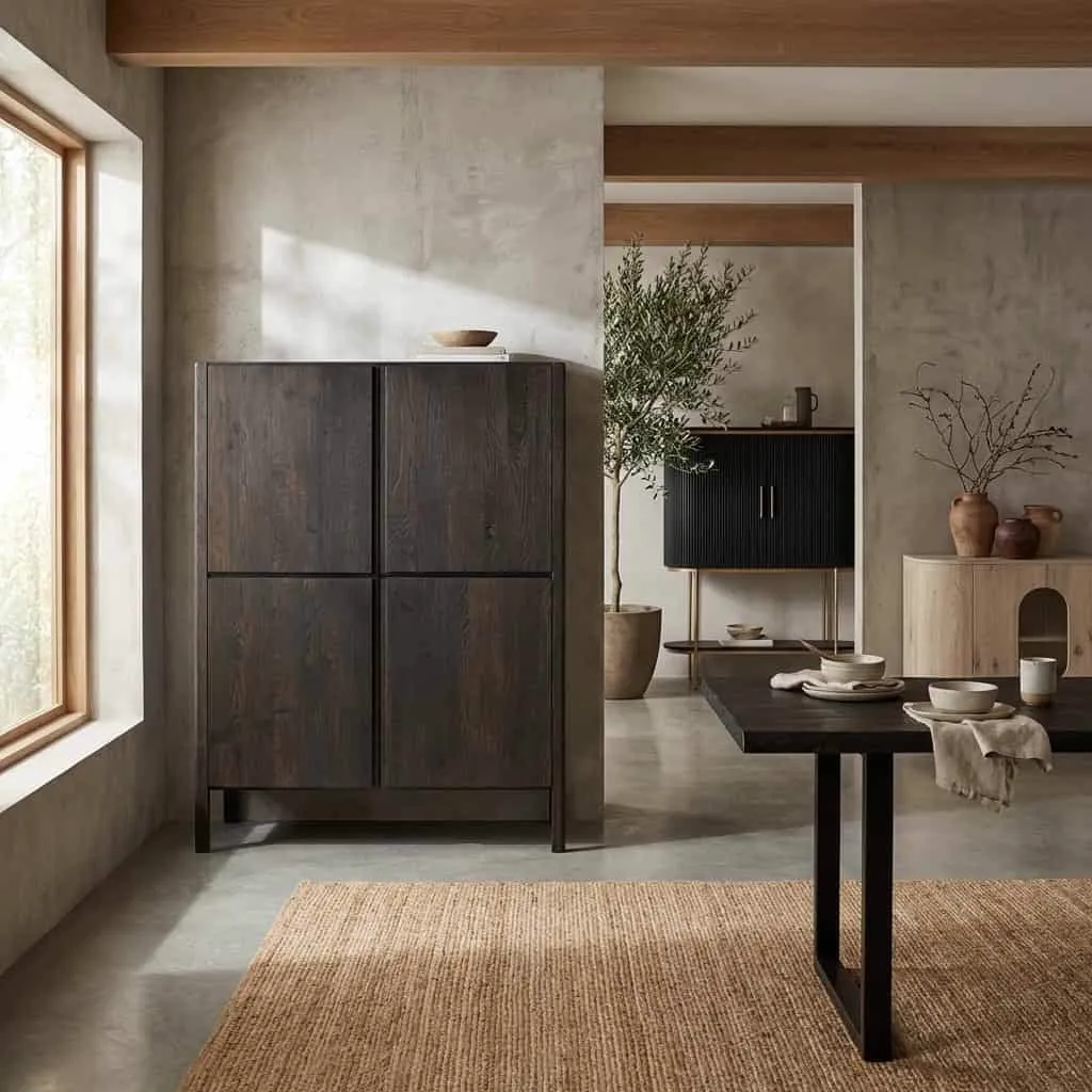 Der Amalfi Schrank Basalt 120 cm in einem stimmungsvollen Wohnzimmer mit Jute-Teppich und Pflanze - Tower Living