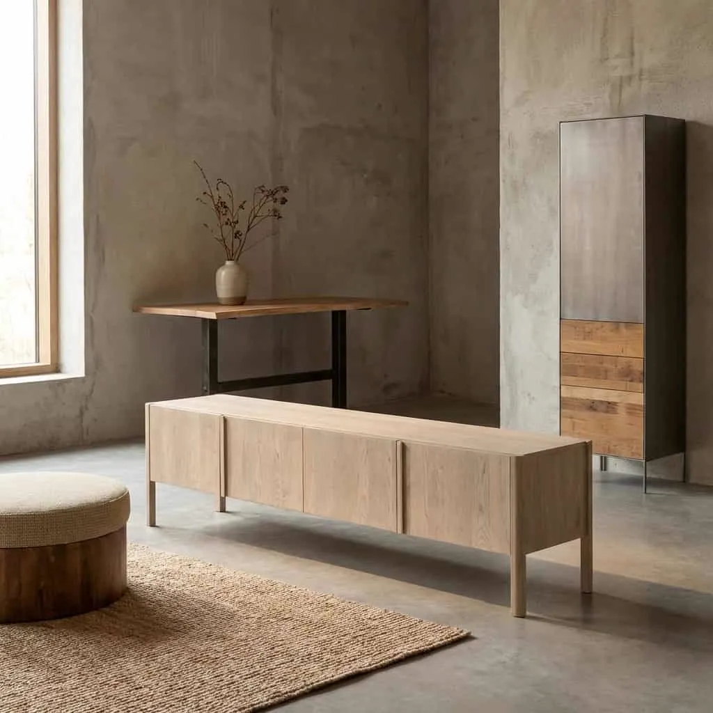 Der Amalfi TV-Schrank White Wash 220 cm in einem minimalistischen Studio-Setting mit Teppich und Pouf - Tower Living