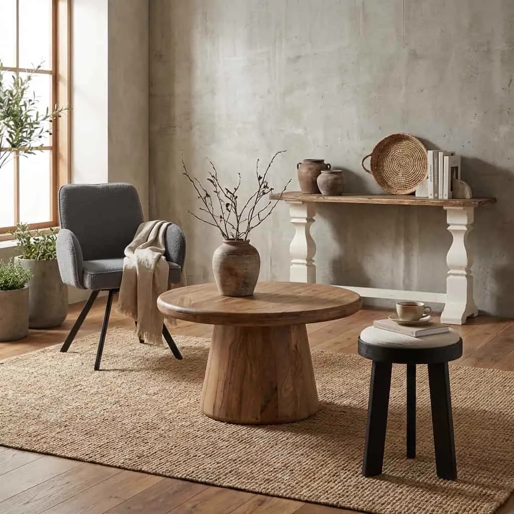 Der Asti Beistelltisch rund braun 60 cm in einem stimmungsvollen Wohnzimmer mit Sessel und Teppich - Tower Living