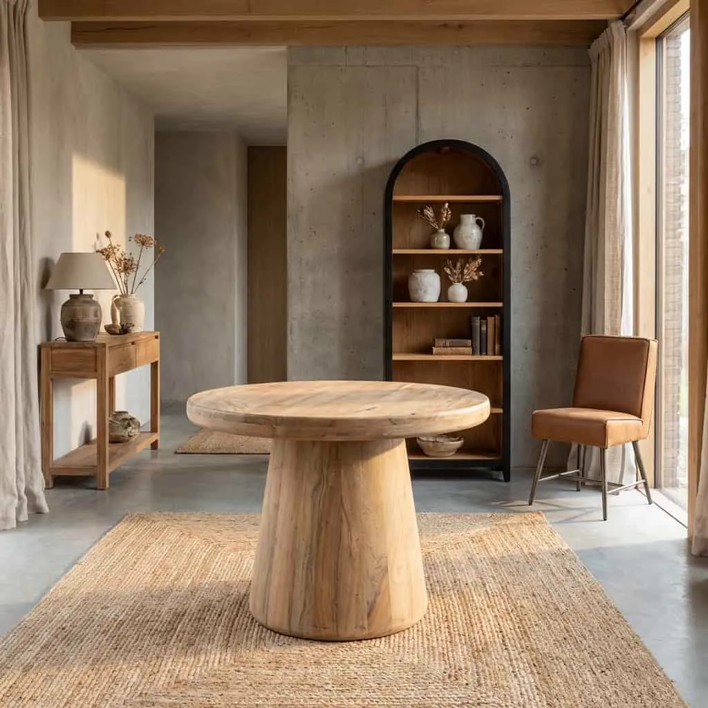 Der Asti Beistelltisch rund Natur 60 cm in einem stimmungsvollen Wohnzimmer mit Lampe und Bücherregal - Tower Living