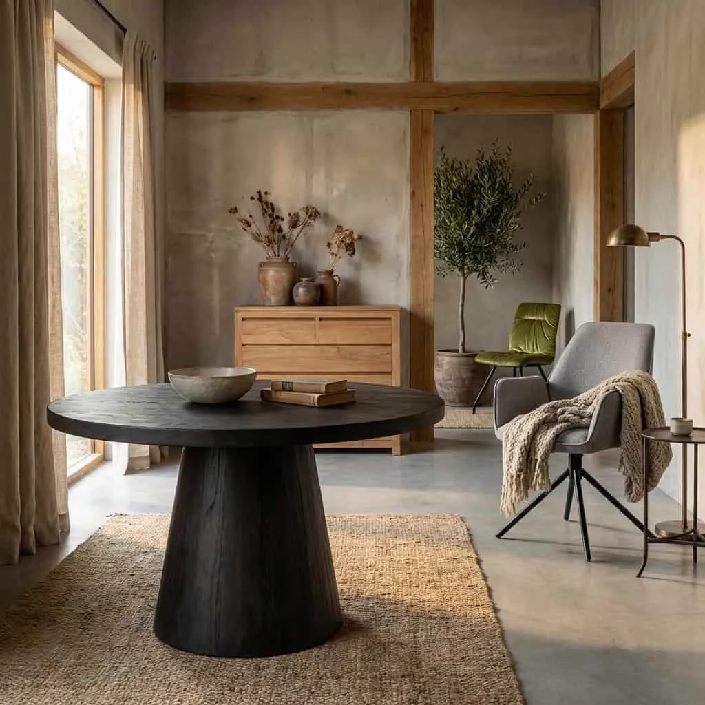 Der Asti Beistelltisch rund schwarz 60 cm steht auf einem Jute-Teppich in einem stimmungsvollen Wohnzimmer - Tower Living