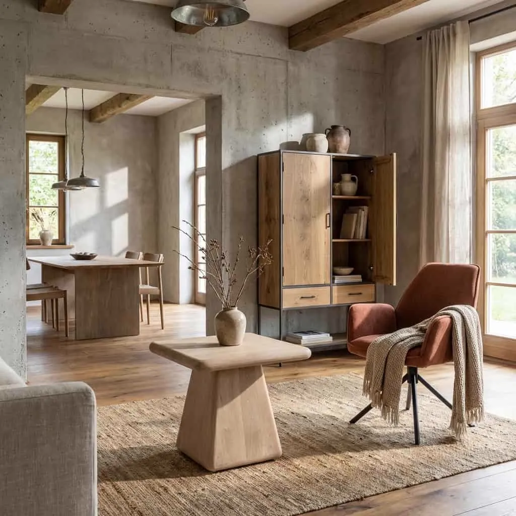 Der Asti Beistelltisch quadratisch natur 60 cm in einem stimmungsvollen Wohnzimmer mit Holzboden und Teppich - Tower Living