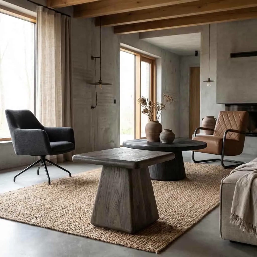 Asti Beistelltisch quadratisch olivbraun 60 cm in einem stimmungsvollen Wohnzimmer mit braunem Teppich - Tower Living