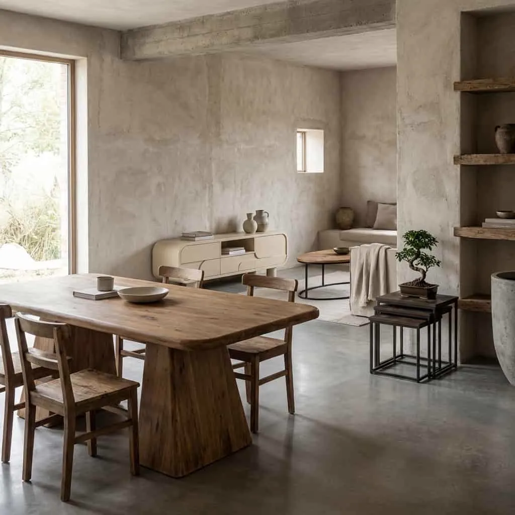 Der Asti Esstisch braun 200 cm in einem stimmungsvollen, hellen Wohnzimmer mit Holzmöbeln - Tower Living