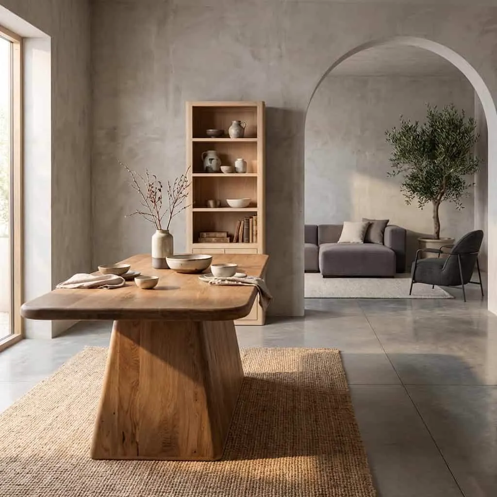 Der Asti Esstisch braun 220 cm in einem stimmungsvollen, minimalistischen Wohnzimmer mit einem Bogen - Tower Living