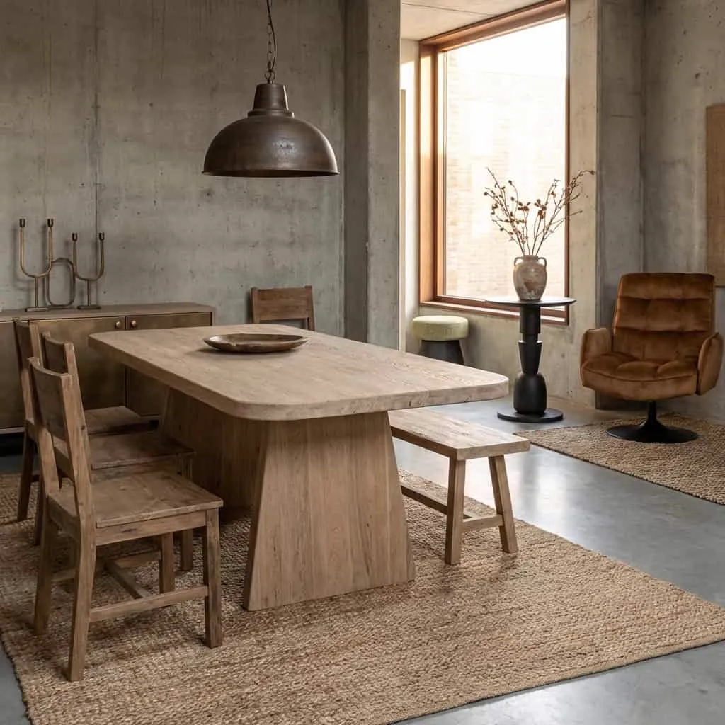 Der Asti Esstisch natur 200 cm in einem industriellen Esszimmer mit Holzstühlen und Bank - Tower Living